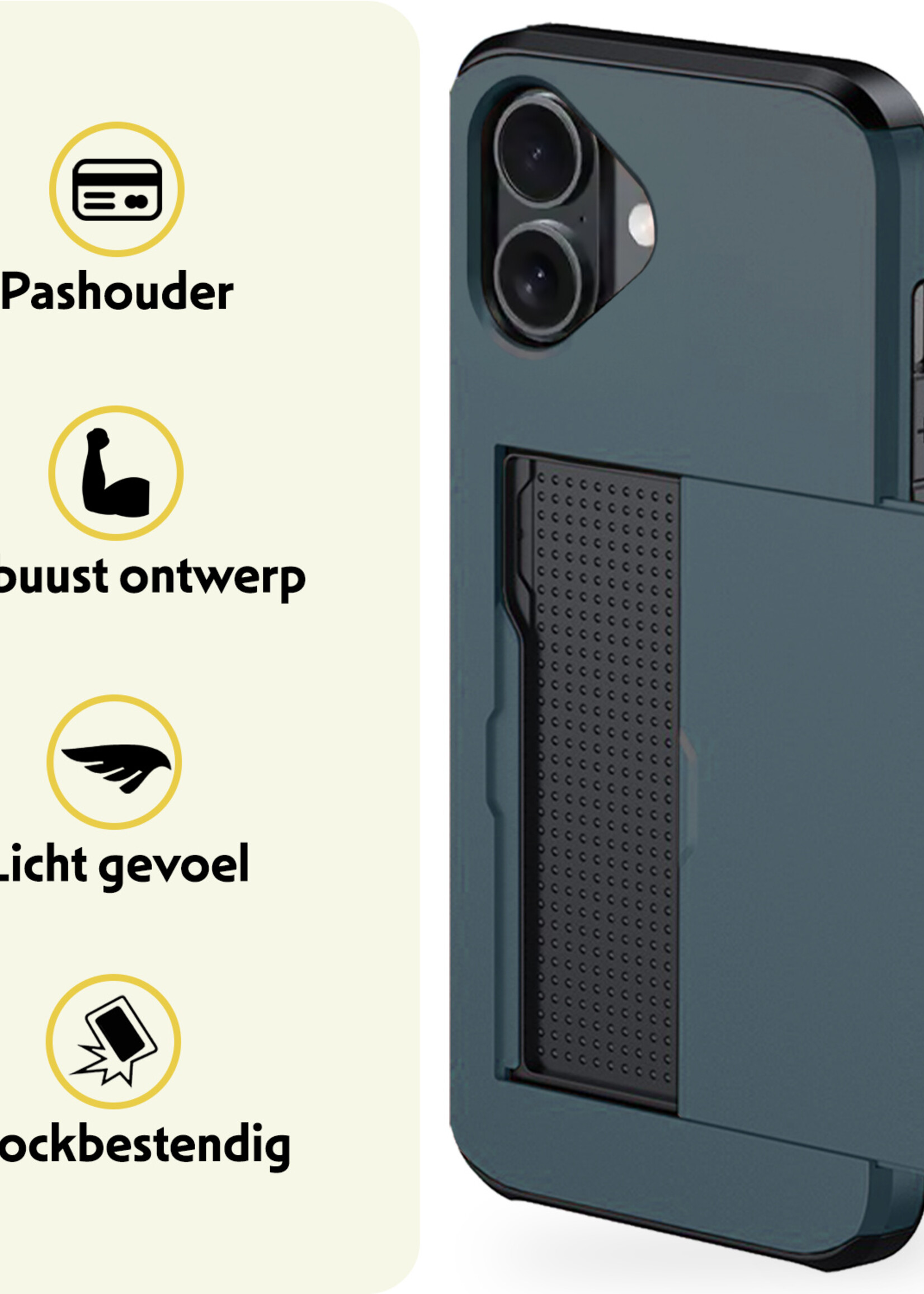 LUQ Hoesje Geschikt voor iPhone 16 Hoesje Case Pashouder Hard Cover Met 2x Screenprotector - Hoes Geschikt voor iPhone 16 Hoesje Met Kaarthouder - Donkerblauw