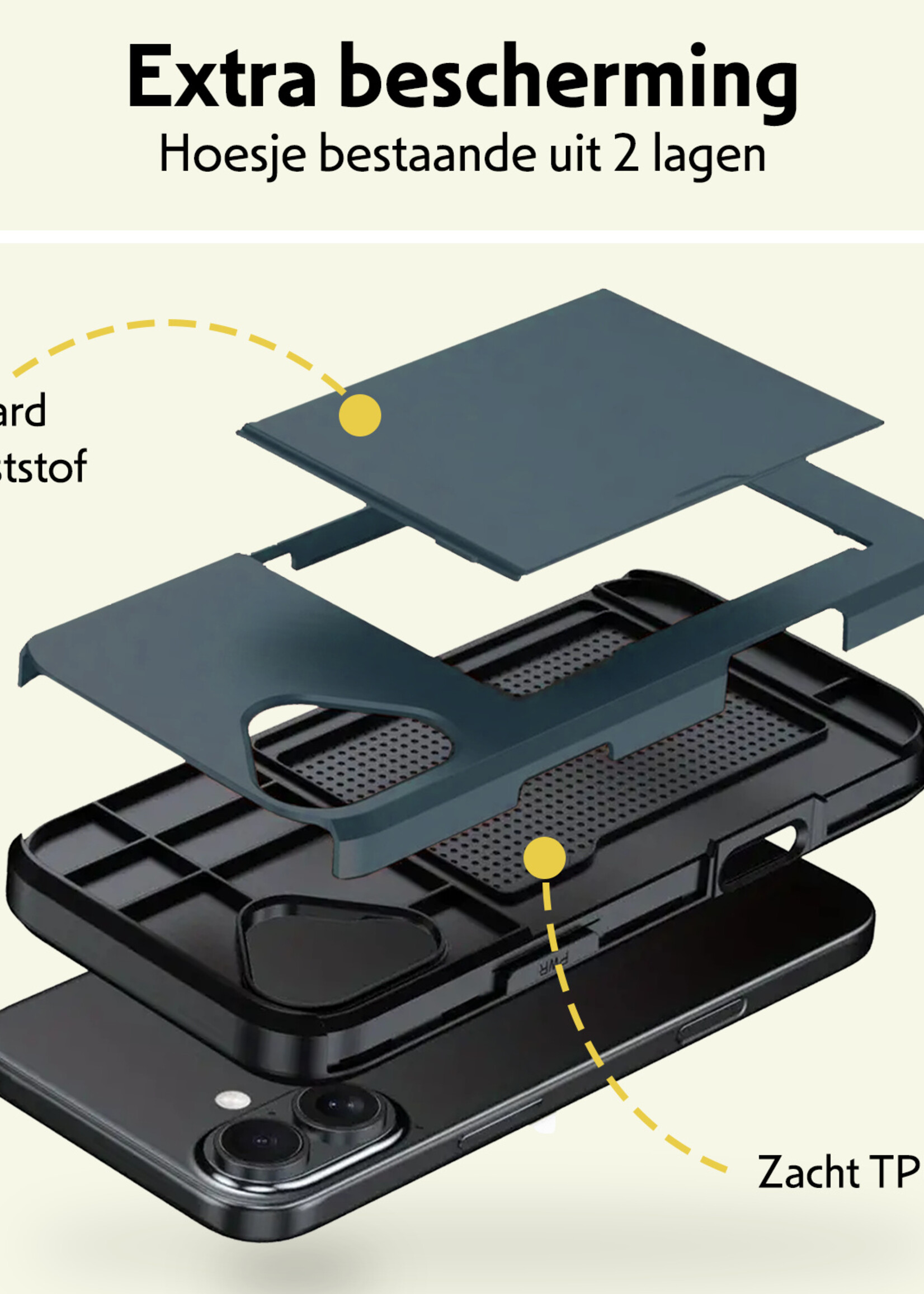 LUQ Hoesje Geschikt voor iPhone 16 Hoesje Case Pashouder Hard Cover Met 2x Screenprotector - Hoes Geschikt voor iPhone 16 Hoesje Met Kaarthouder - Donkerblauw