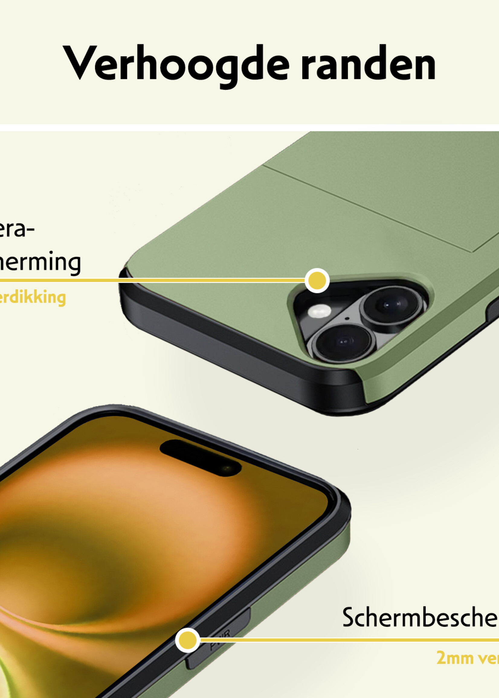 LUQ Hoesje Geschikt voor iPhone 16 Hoesje Case Pashouder Hard Cover Met 2x Screenprotector - Hoes Geschikt voor iPhone 16 Hoesje Met Kaarthouder - Donkergroen