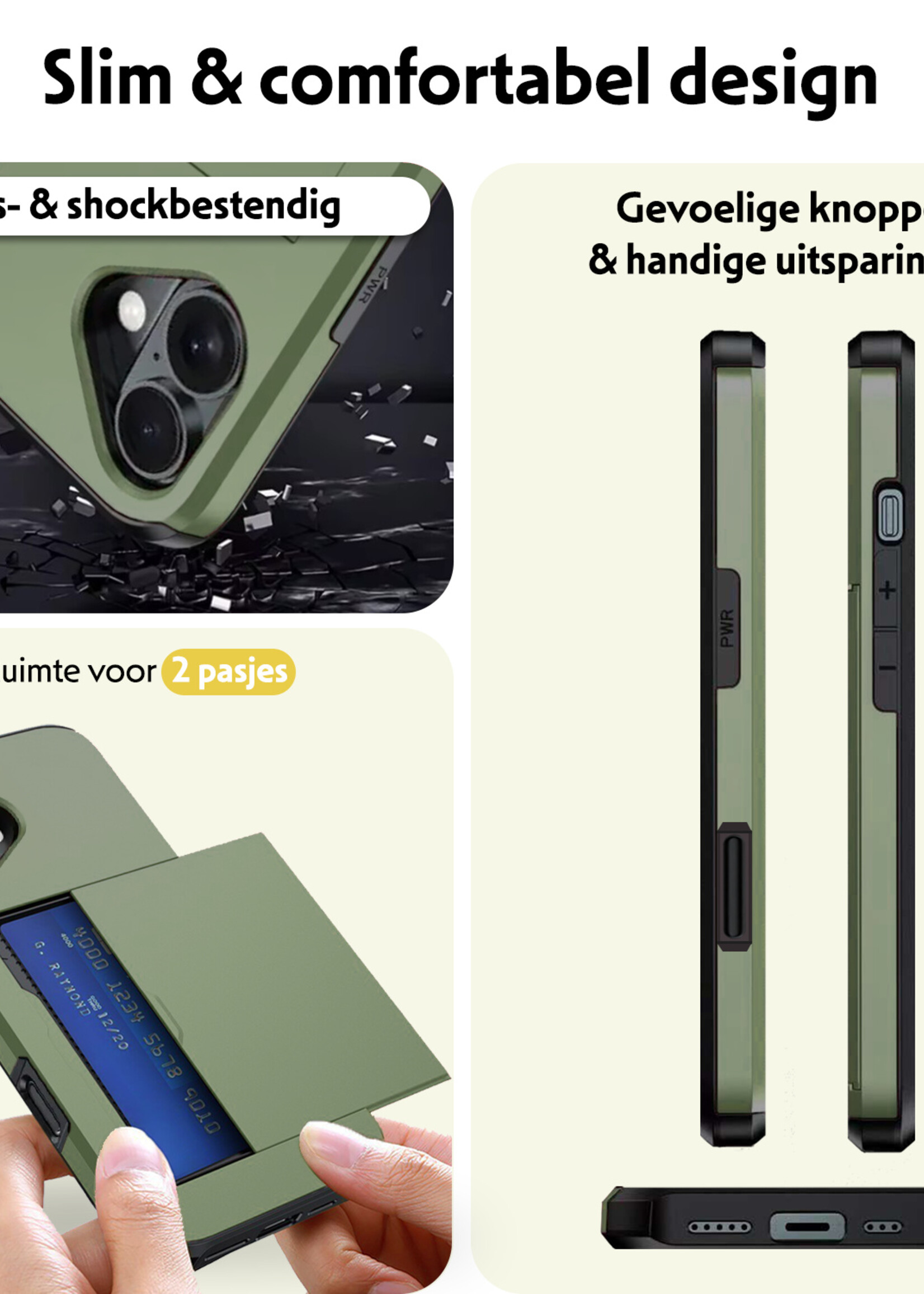 LUQ Hoesje Geschikt voor iPhone 16 Hoesje Case Pashouder Hard Cover Met 2x Screenprotector - Hoes Geschikt voor iPhone 16 Hoesje Met Kaarthouder - Donkergroen