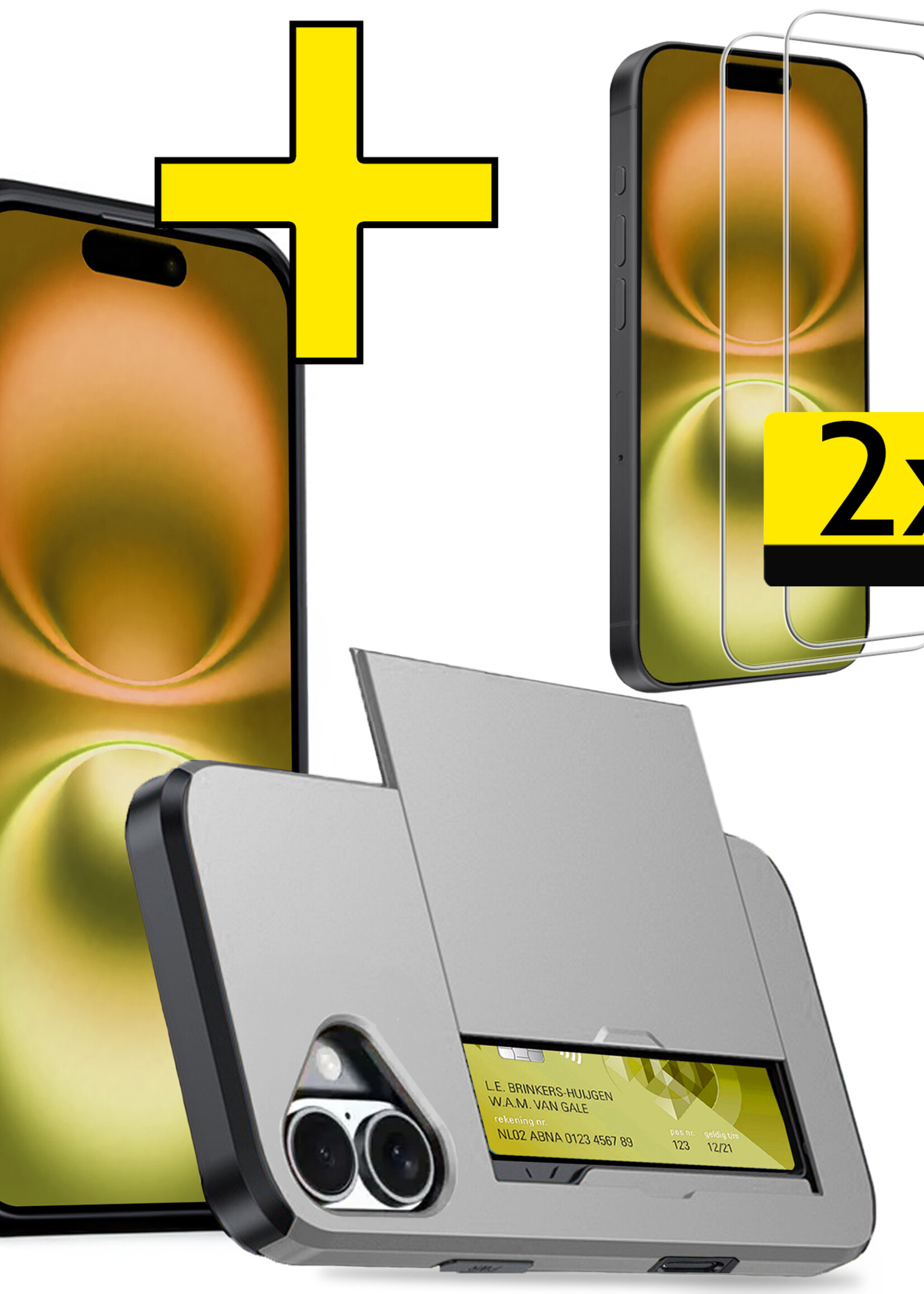 LUQ Hoesje Geschikt voor iPhone 16 Hoesje Case Pashouder Hard Cover Met 2x Screenprotector - Hoes Geschikt voor iPhone 16 Hoesje Met Kaarthouder - Grijs