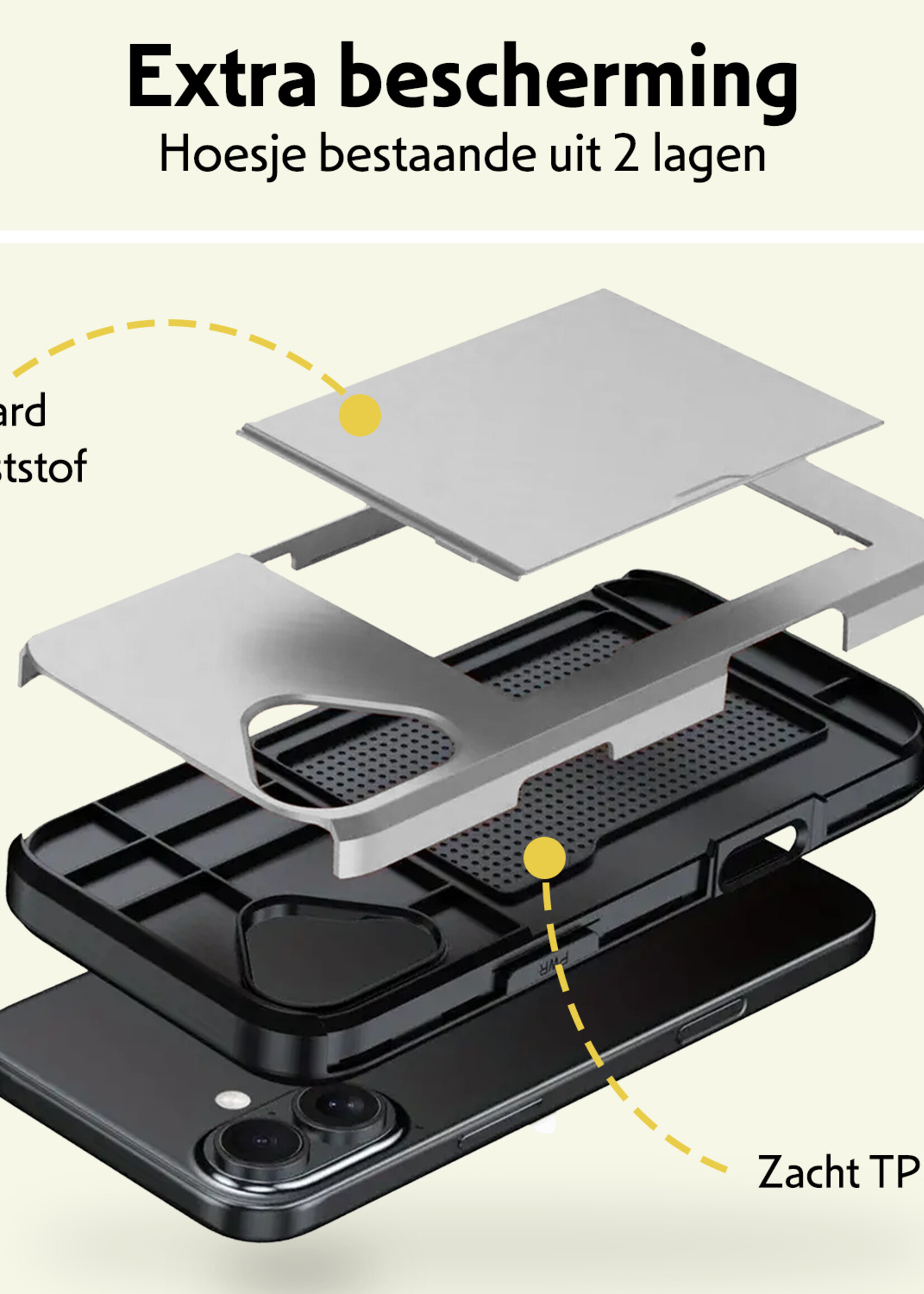 LUQ Hoesje Geschikt voor iPhone 16 Hoesje Case Pashouder Hard Cover Met 2x Screenprotector - Hoes Geschikt voor iPhone 16 Hoesje Met Kaarthouder - Grijs