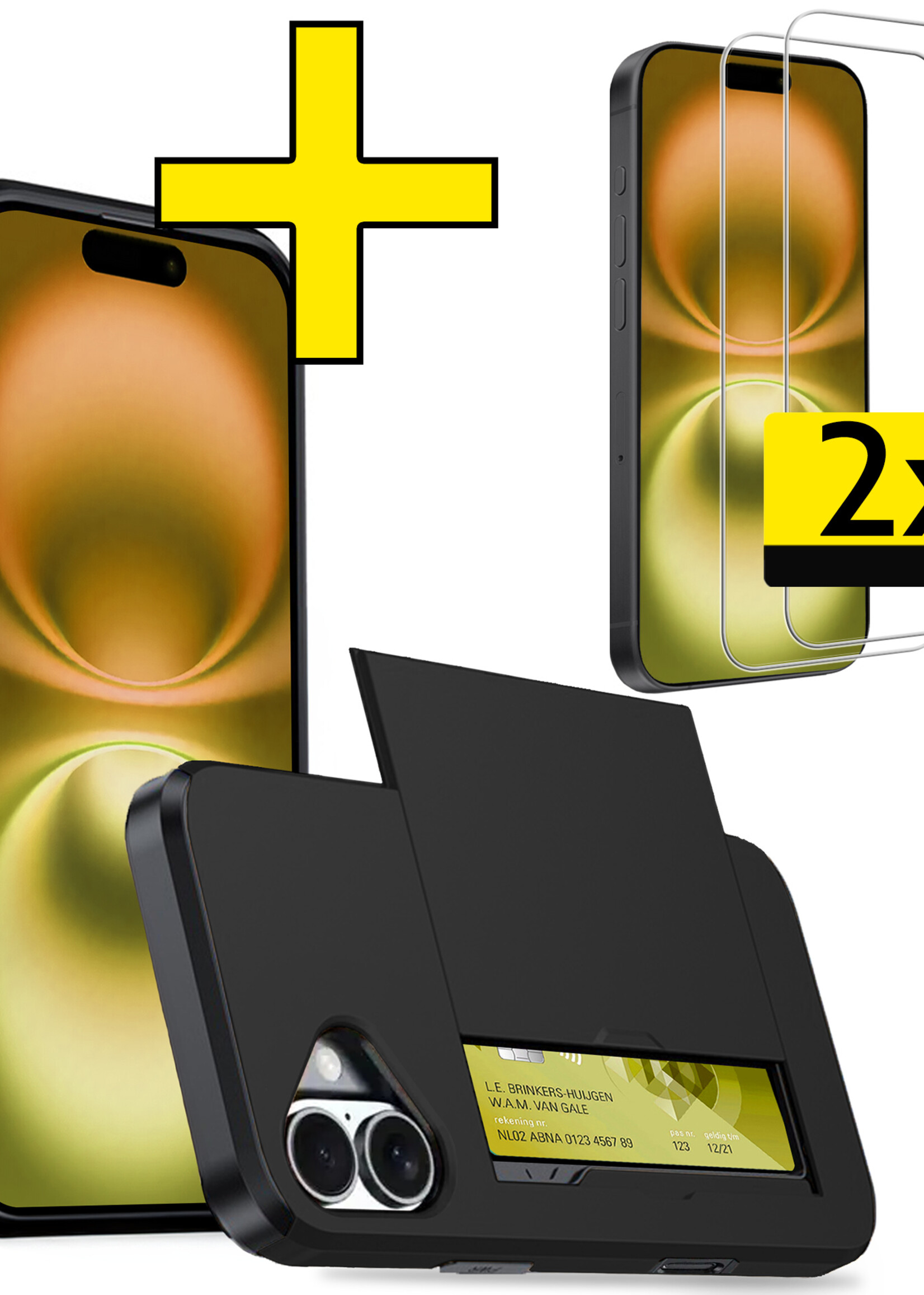 LUQ Hoesje Geschikt voor iPhone 16 Hoesje Case Pashouder Hard Cover Met 2x Screenprotector - Hoes Geschikt voor iPhone 16 Hoesje Met Kaarthouder - Zwart