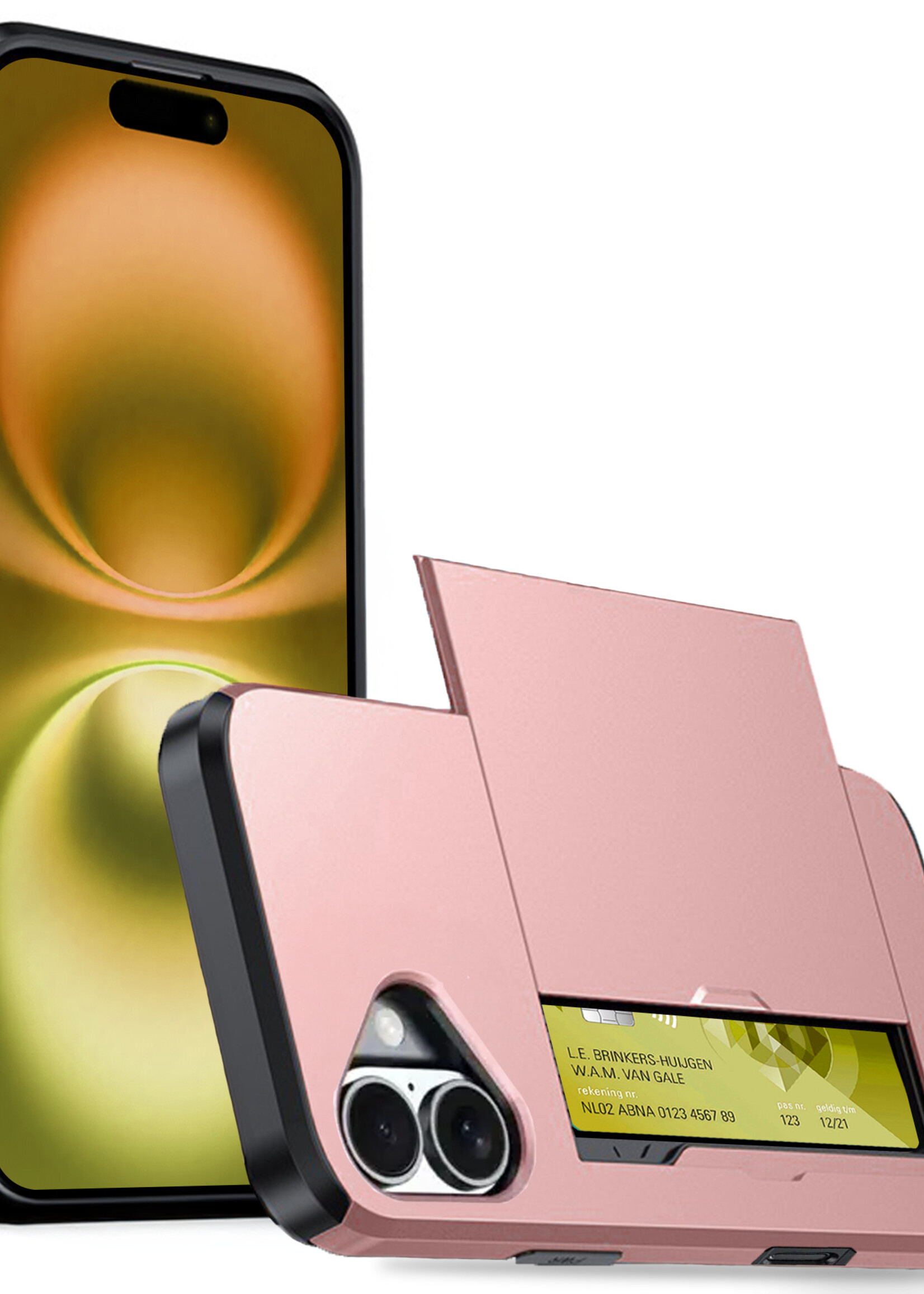 LUQ Hoesje Geschikt voor iPhone 16 Plus Hoesje Case Pashouder Hard Cover - Hoes Geschikt voor iPhone 16 Plus Hoesje Met Kaarthouder - Rosé goud