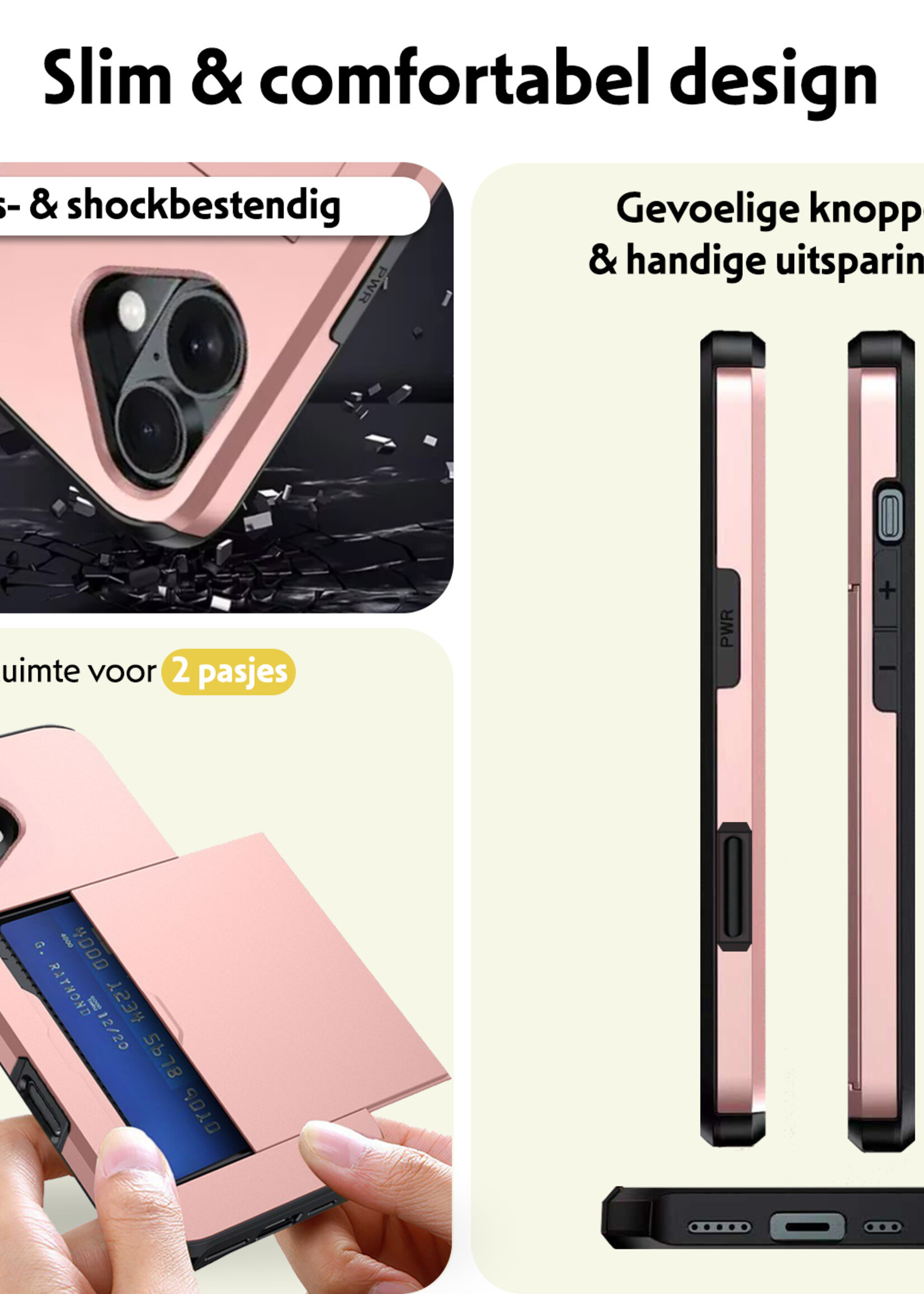 LUQ Hoesje Geschikt voor iPhone 16 Plus Hoesje Case Pashouder Hard Cover - Hoes Geschikt voor iPhone 16 Plus Hoesje Met Kaarthouder - Rosé goud