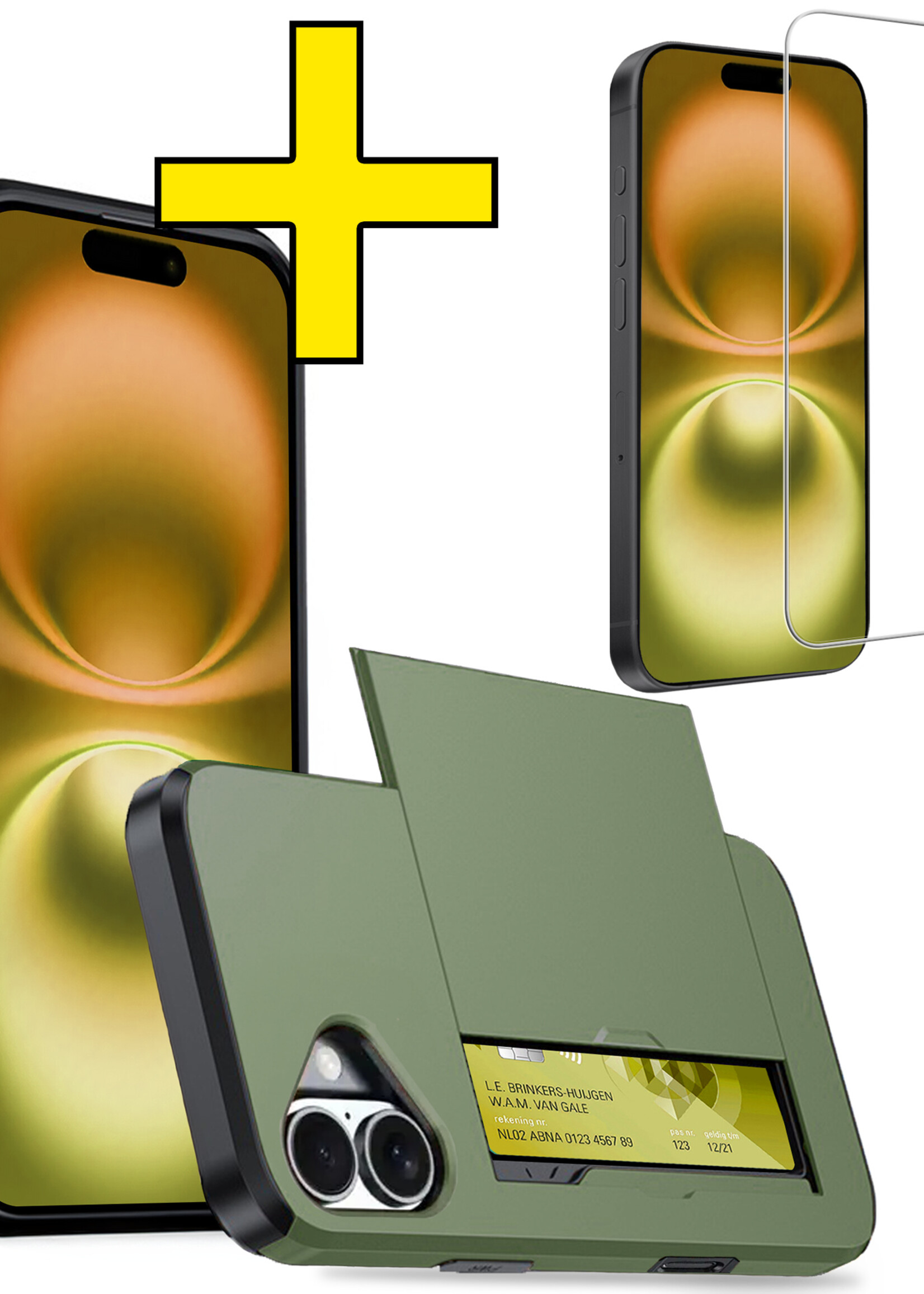 LUQ Hoesje Geschikt voor iPhone 16 Plus Hoesje Case Pashouder Hard Cover Met Screenprotector - Hoes Geschikt voor iPhone 16 Plus Hoesje Met Kaarthouder - Donkergroen