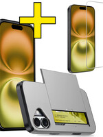 LUQ LUQ iPhone 16 Plus Hoesje Pashouder Hard Met Screenprotector - Grijs