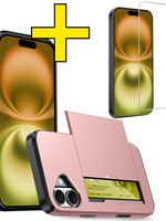 LUQ LUQ iPhone 16 Plus Hoesje Pashouder Hard Met Screenprotector - Rosé Goud