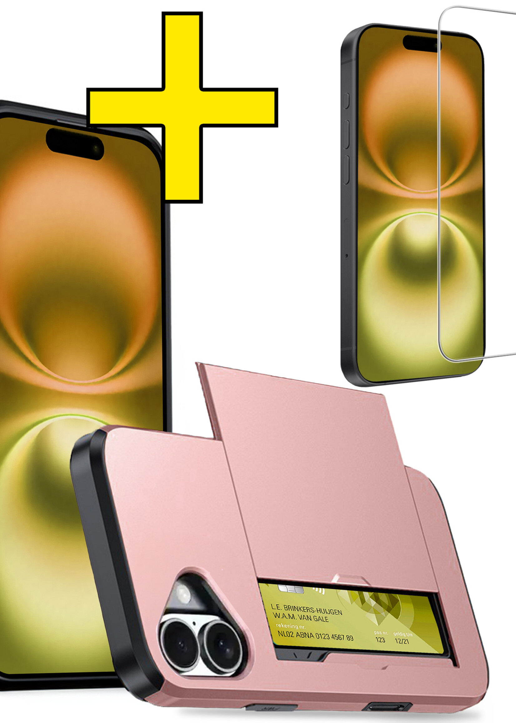 LUQ Hoesje Geschikt voor iPhone 16 Plus Hoesje Case Pashouder Hard Cover Met Screenprotector - Hoes Geschikt voor iPhone 16 Plus Hoesje Met Kaarthouder - Rosé goud