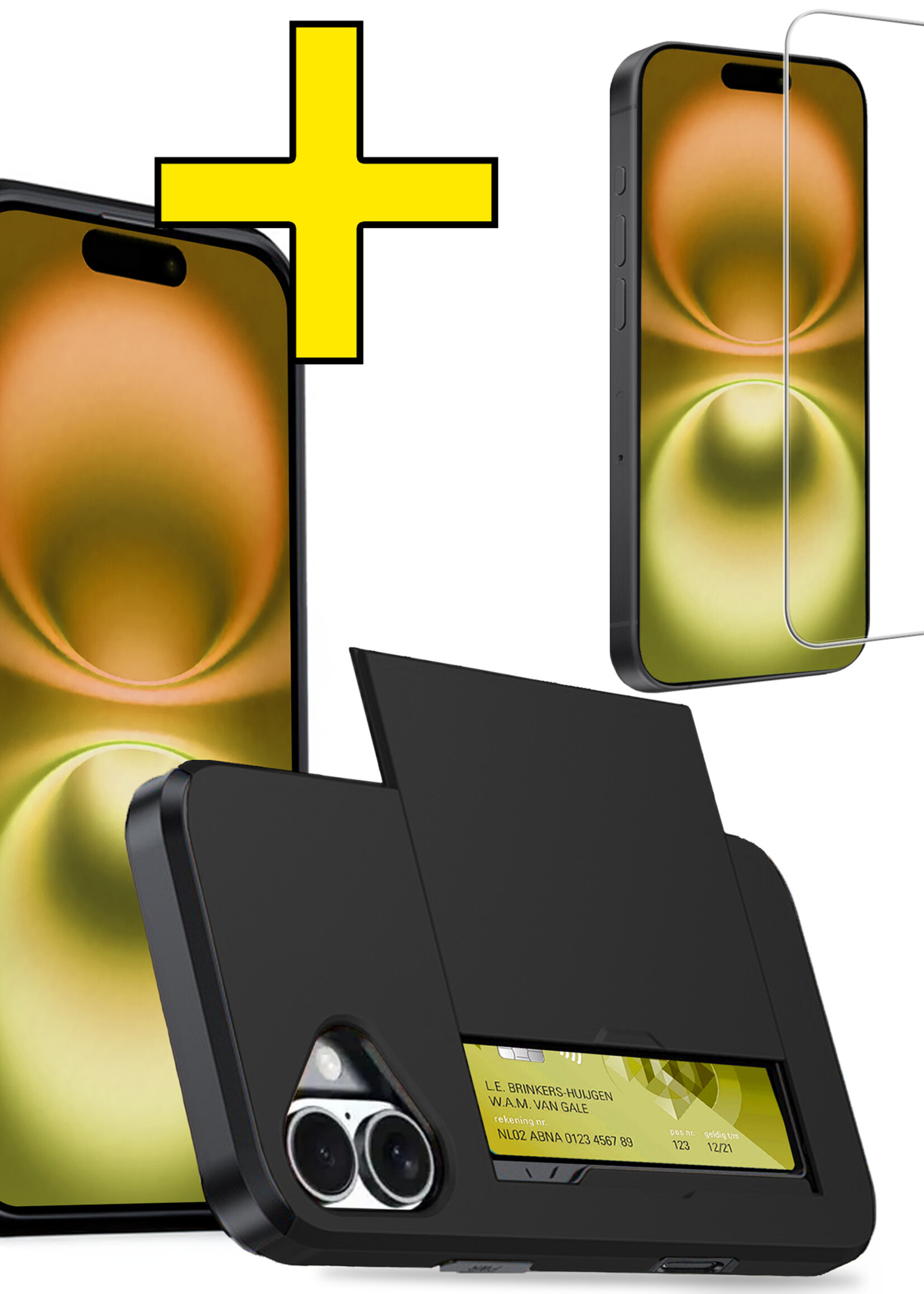 LUQ Hoesje Geschikt voor iPhone 16 Plus Hoesje Case Pashouder Hard Cover Met Screenprotector - Hoes Geschikt voor iPhone 16 Plus Hoesje Met Kaarthouder - Zwart