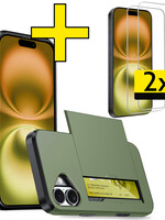 LUQ LUQ iPhone 16 Plus Hoesje Pashouder Hard Met 2x Screenprotector - Donker Groen