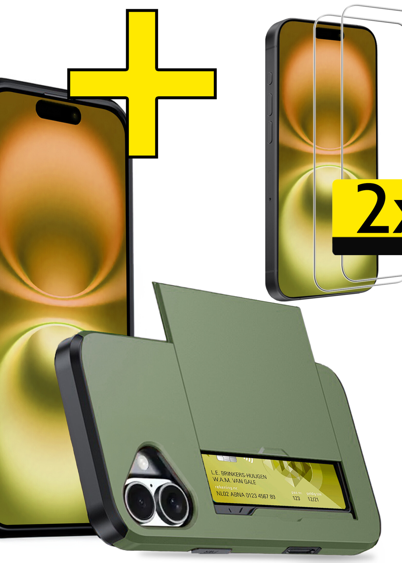 LUQ Hoesje Geschikt voor iPhone 16 Plus Hoesje Case Pashouder Hard Cover Met 2x Screenprotector - Hoes Geschikt voor iPhone 16 Plus Hoesje Met Kaarthouder - Donkergroen