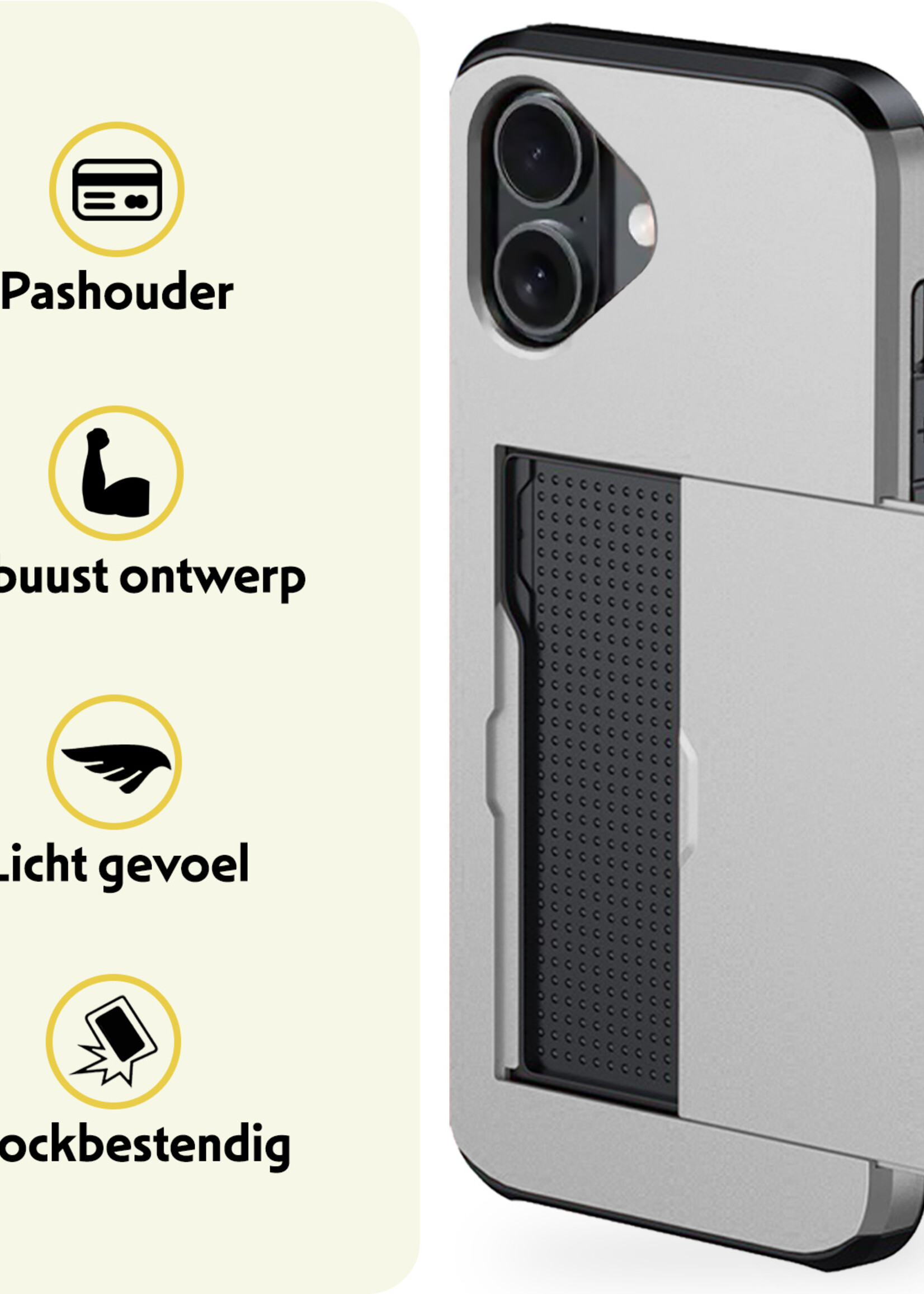 LUQ Hoesje Geschikt voor iPhone 16 Plus Hoesje Case Pashouder Hard Cover Met 2x Screenprotector - Hoes Geschikt voor iPhone 16 Plus Hoesje Met Kaarthouder - Grijs