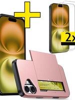 LUQ LUQ iPhone 16 Plus Hoesje Pashouder Hard Met 2x Screenprotector - Rosé Goud