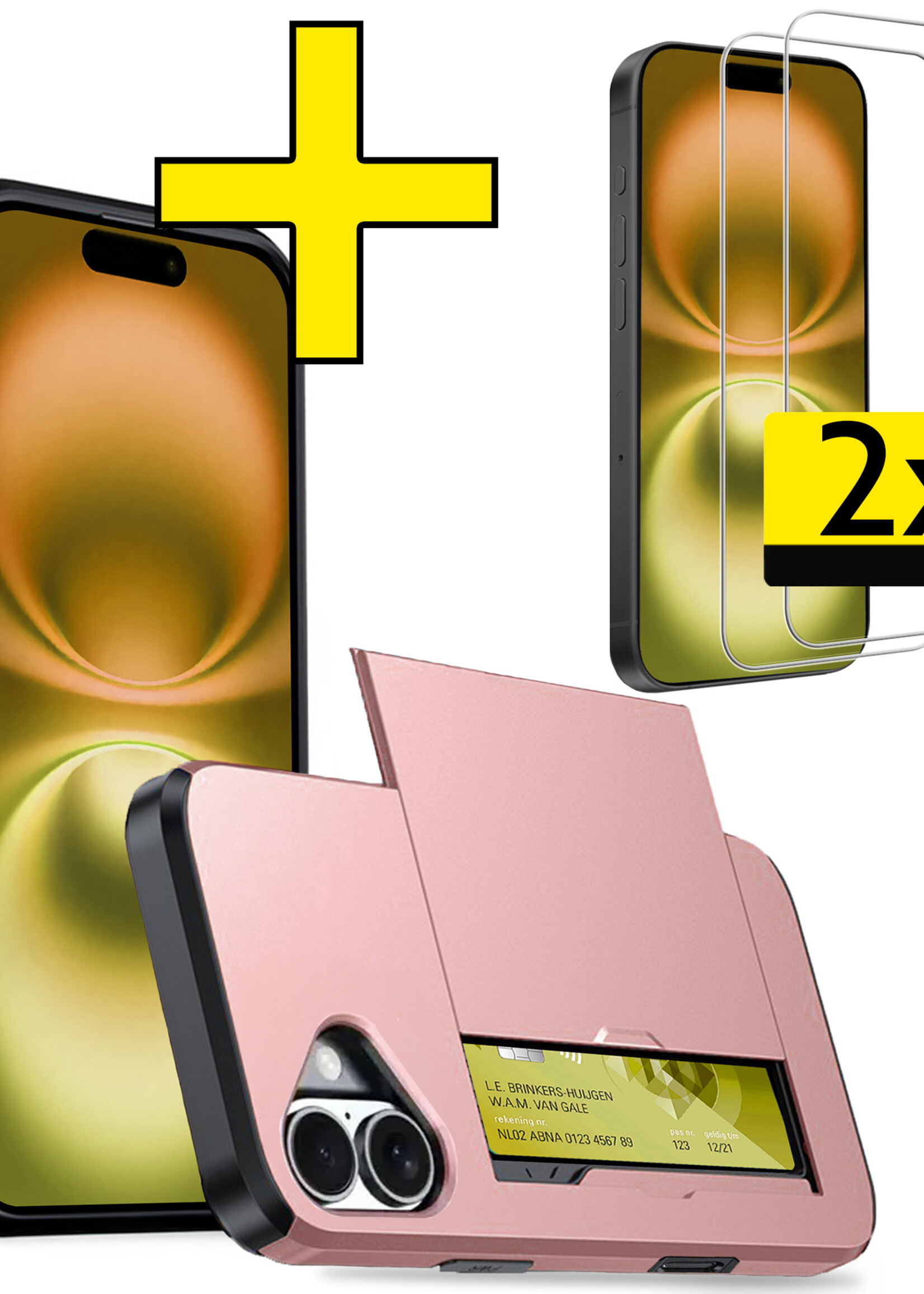 LUQ Hoesje Geschikt voor iPhone 16 Plus Hoesje Case Pashouder Hard Cover Met 2x Screenprotector - Hoes Geschikt voor iPhone 16 Plus Hoesje Met Kaarthouder - Rosé goud