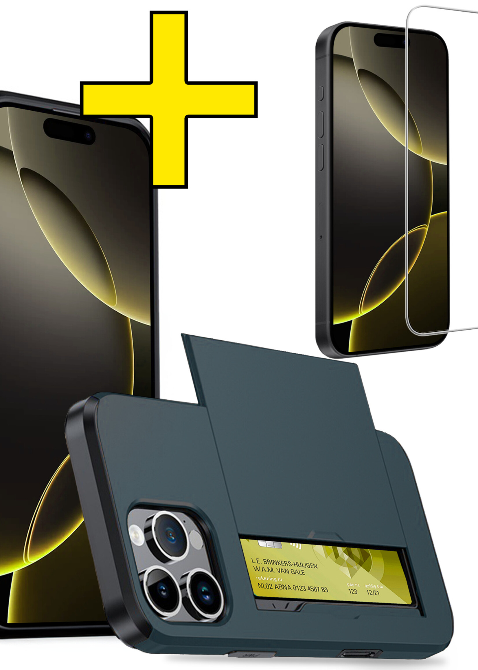 LUQ Hoesje Geschikt voor iPhone 16 Pro Hoesje Case Pashouder Hard Cover Met Screenprotector - Hoes Geschikt voor iPhone 16 Pro Hoesje Met Kaarthouder - Donkerblauw