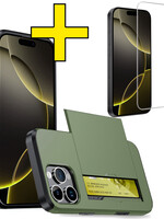LUQ LUQ iPhone 16 Pro Hoesje Pashouder Hard Met Screenprotector - Donker Groen