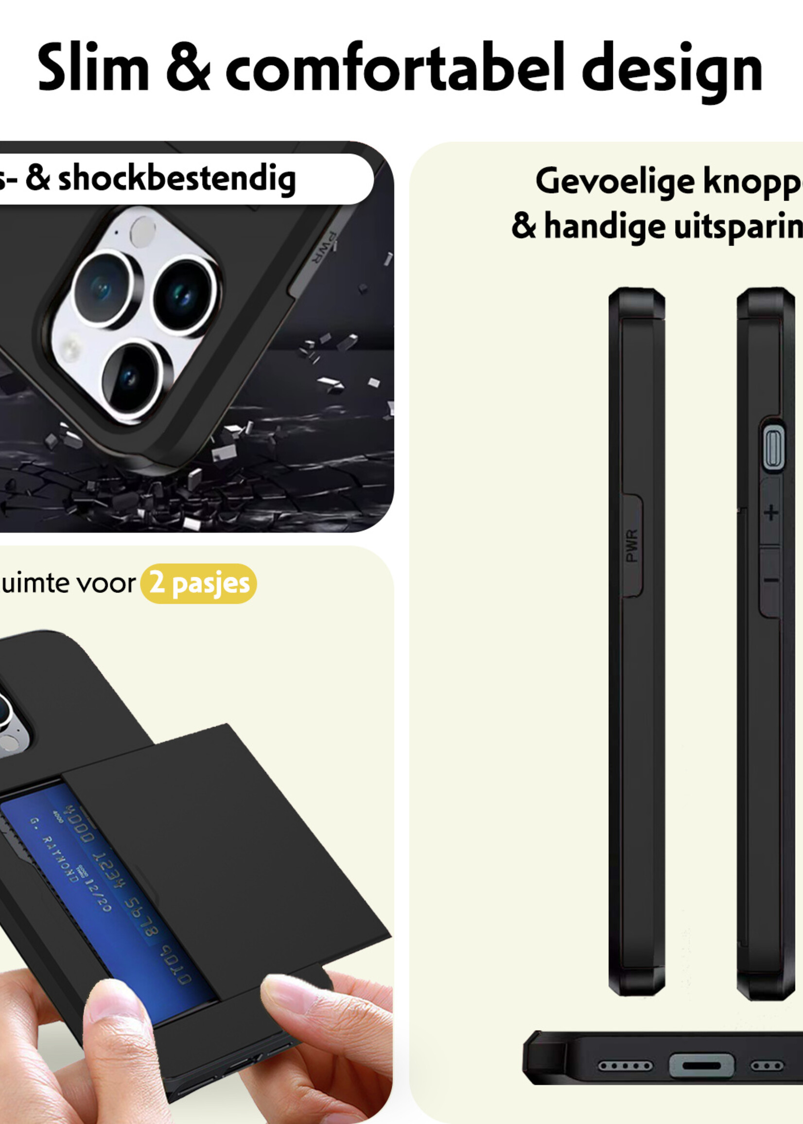 LUQ Hoesje Geschikt voor iPhone 16 Pro Hoesje Case Pashouder Hard Cover Met Screenprotector - Hoes Geschikt voor iPhone 16 Pro Hoesje Met Kaarthouder - Zwart