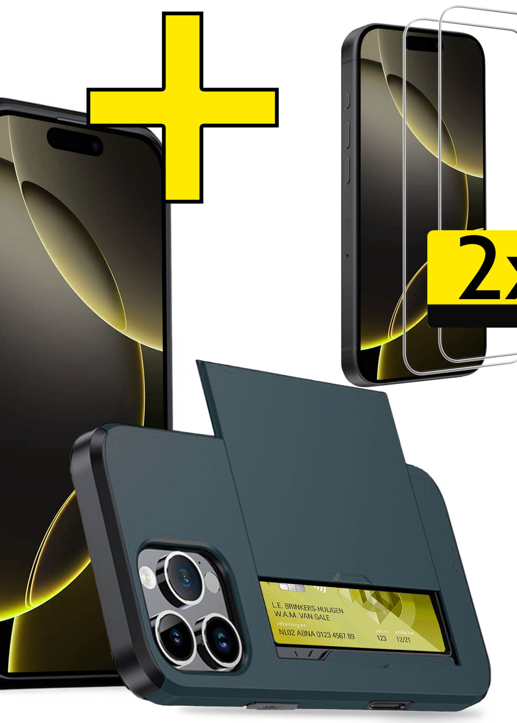 LUQ Hoesje Geschikt voor iPhone 16 Pro Hoesje Case Pashouder Hard Cover Met 2x Screenprotector - Hoes Geschikt voor iPhone 16 Pro Hoesje Met Kaarthouder - Donkerblauw