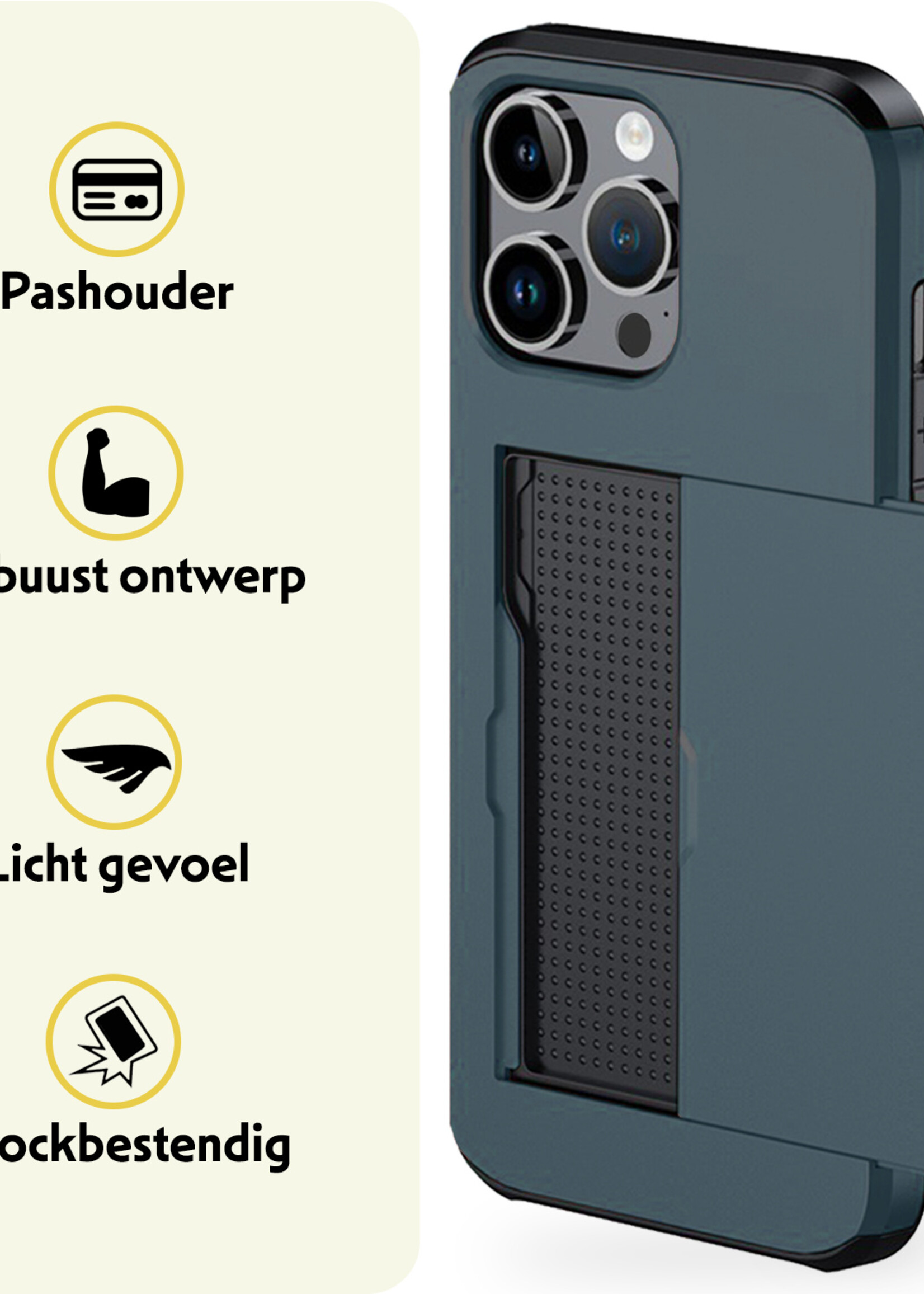 LUQ Hoesje Geschikt voor iPhone 16 Pro Hoesje Case Pashouder Hard Cover Met 2x Screenprotector - Hoes Geschikt voor iPhone 16 Pro Hoesje Met Kaarthouder - Donkerblauw