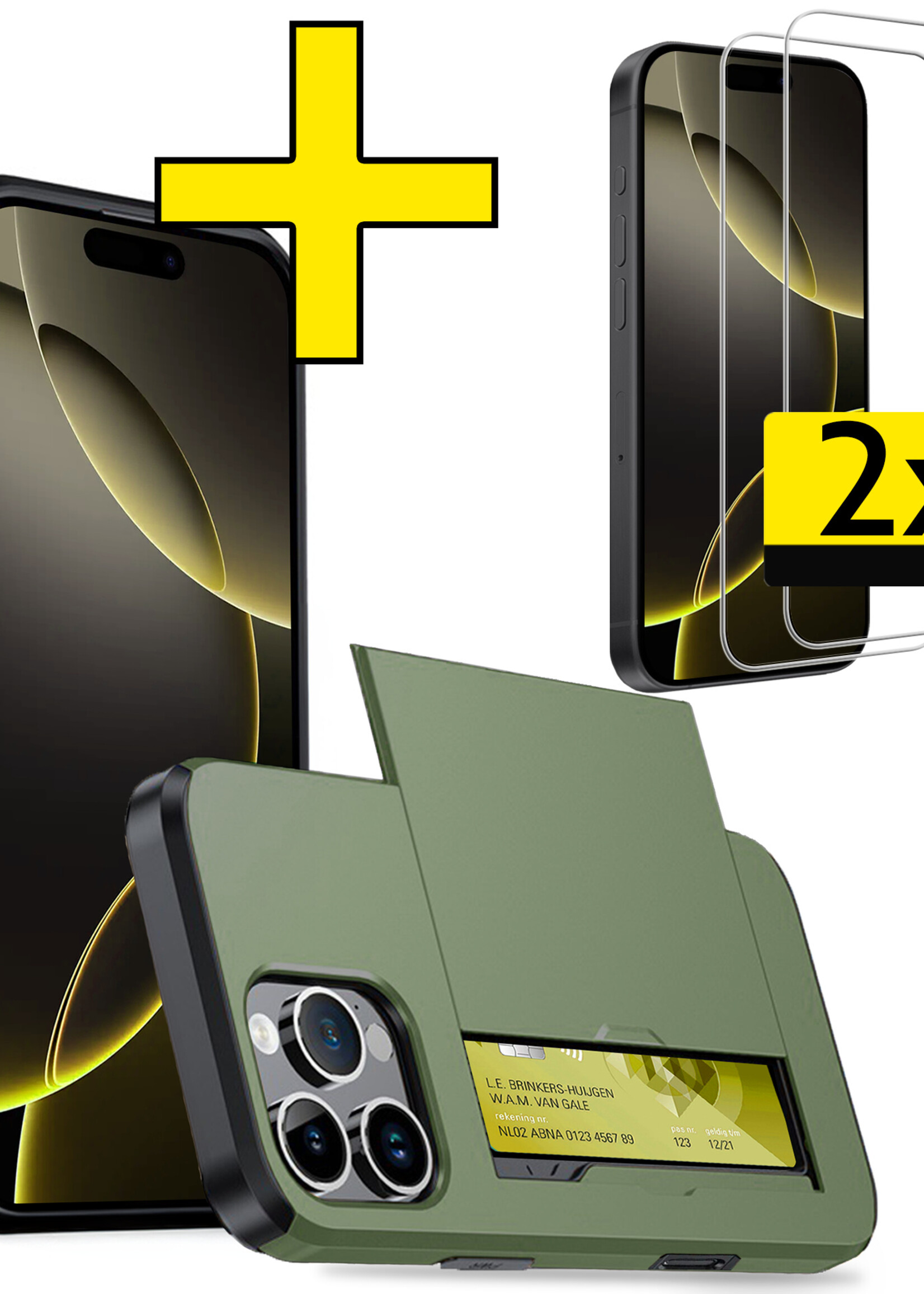 LUQ Hoesje Geschikt voor iPhone 16 Pro Hoesje Case Pashouder Hard Cover Met 2x Screenprotector - Hoes Geschikt voor iPhone 16 Pro Hoesje Met Kaarthouder - Donkergroen