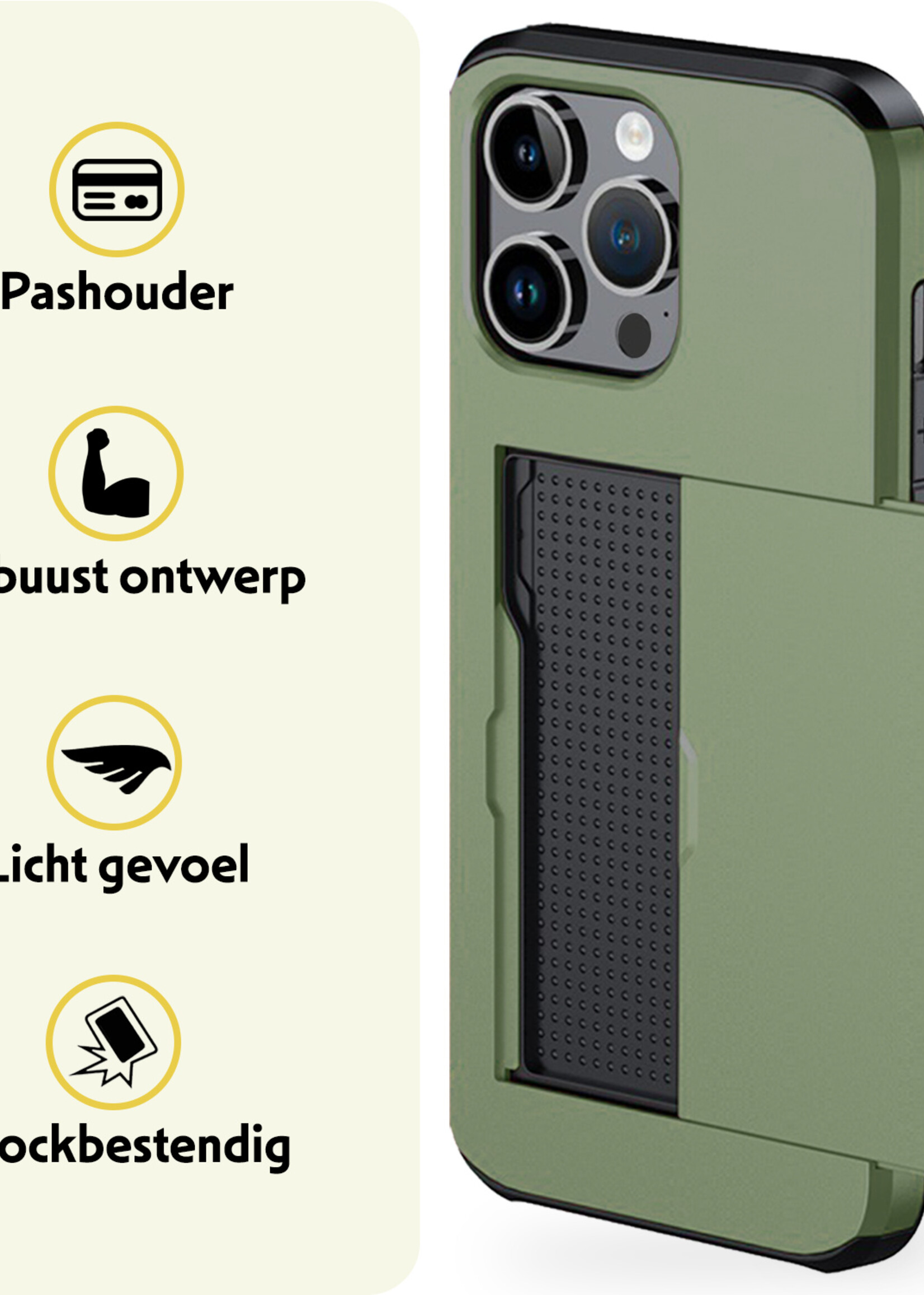 LUQ Hoesje Geschikt voor iPhone 16 Pro Hoesje Case Pashouder Hard Cover Met 2x Screenprotector - Hoes Geschikt voor iPhone 16 Pro Hoesje Met Kaarthouder - Donkergroen