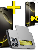 LUQ LUQ iPhone 16 Pro Hoesje Pashouder Hard Met 2x Screenprotector - Grijs