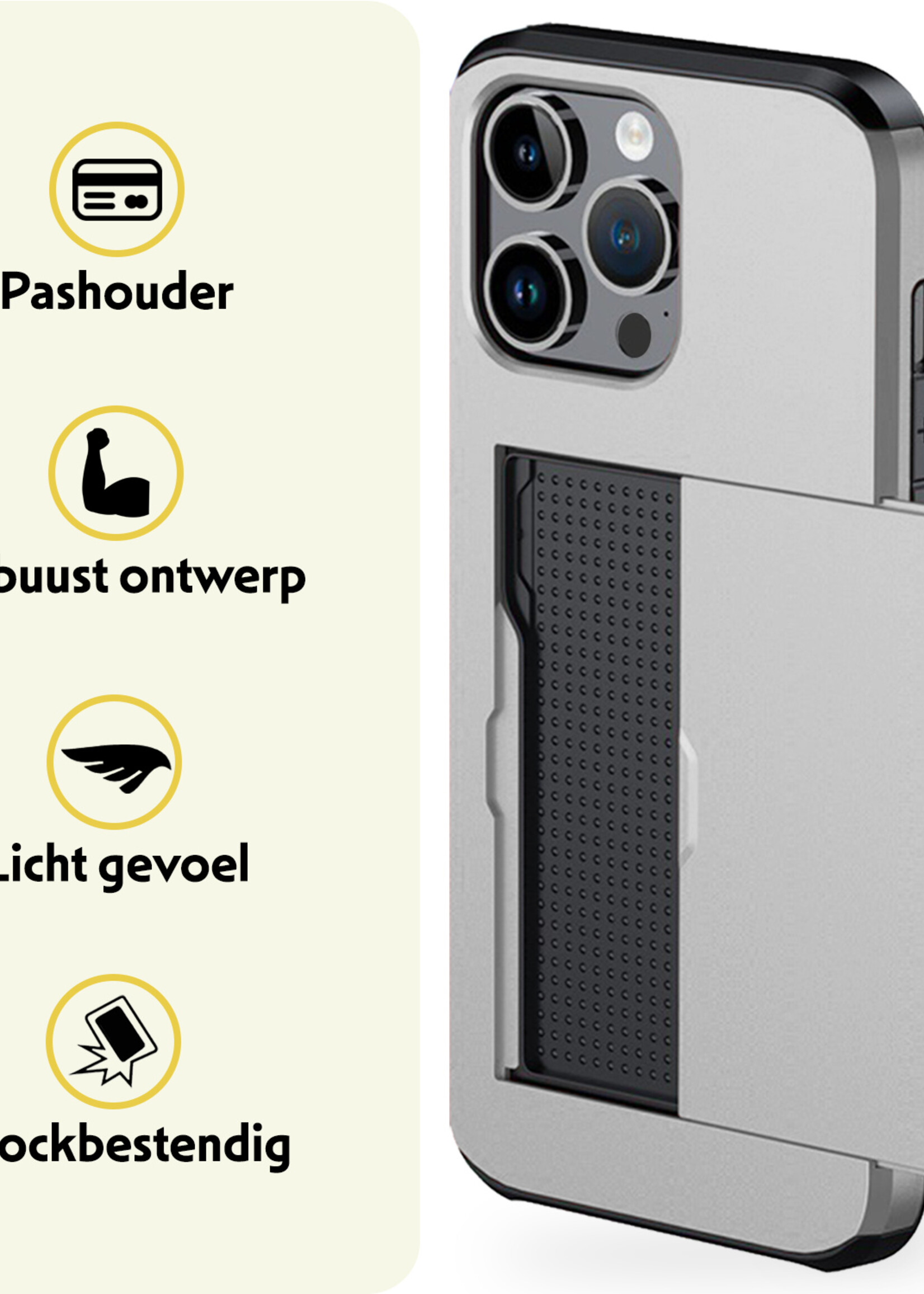 LUQ Hoesje Geschikt voor iPhone 16 Pro Hoesje Case Pashouder Hard Cover Met 2x Screenprotector - Hoes Geschikt voor iPhone 16 Pro Hoesje Met Kaarthouder - Grijs