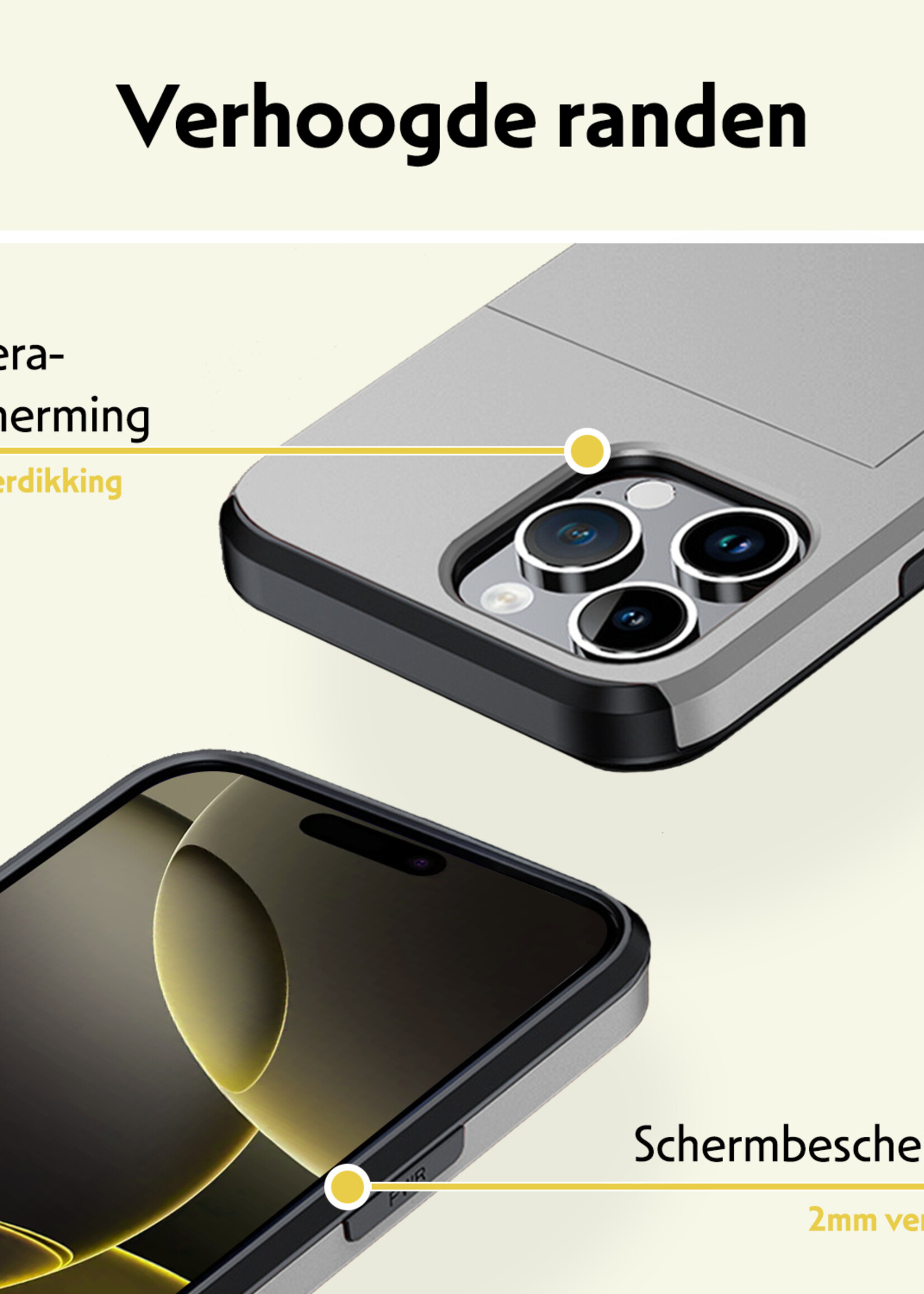 LUQ Hoesje Geschikt voor iPhone 16 Pro Hoesje Case Pashouder Hard Cover Met 2x Screenprotector - Hoes Geschikt voor iPhone 16 Pro Hoesje Met Kaarthouder - Grijs