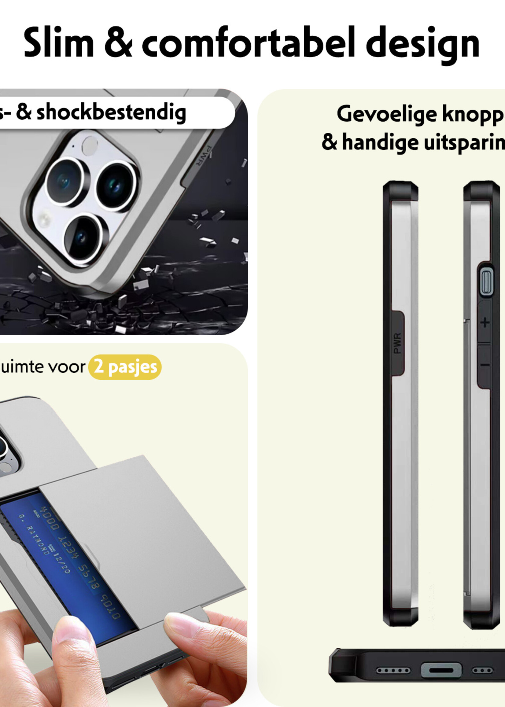 LUQ Hoesje Geschikt voor iPhone 16 Pro Hoesje Case Pashouder Hard Cover Met 2x Screenprotector - Hoes Geschikt voor iPhone 16 Pro Hoesje Met Kaarthouder - Grijs