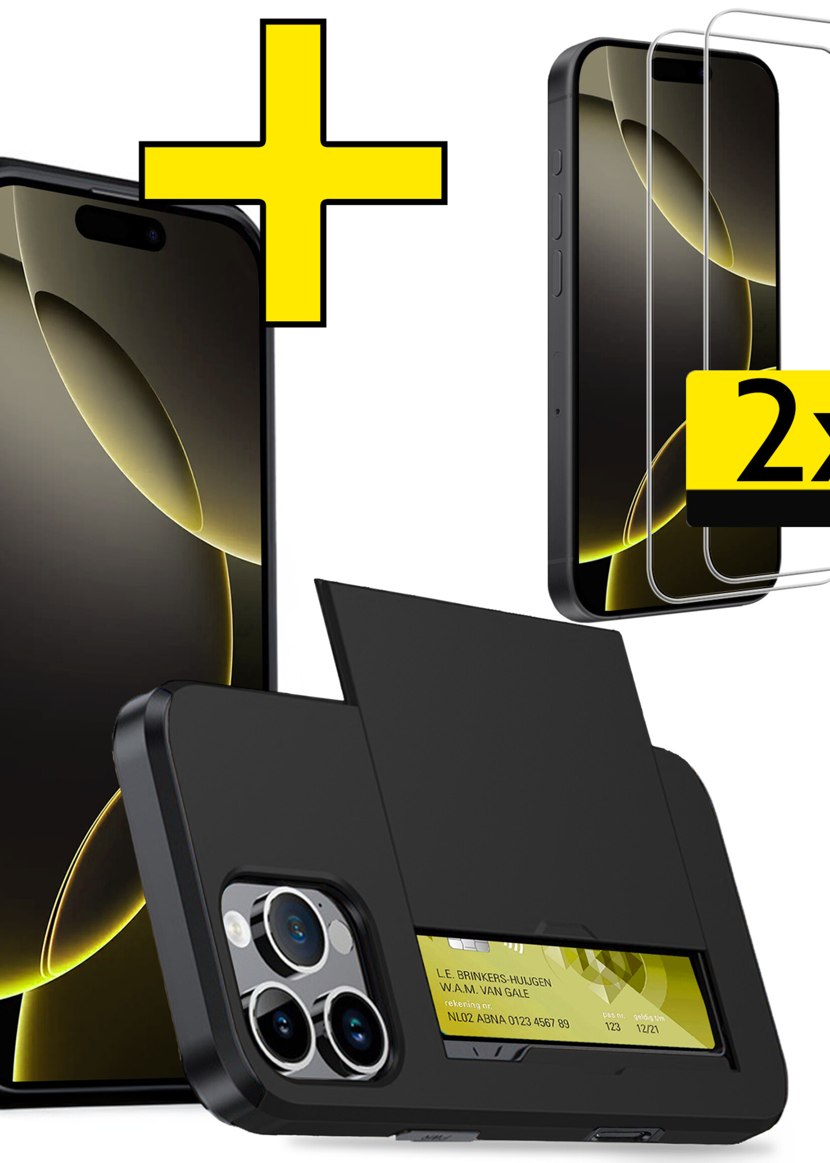 LUQ Hoesje Geschikt voor iPhone 16 Pro Hoesje Case Pashouder Hard Cover Met 2x Screenprotector - Hoes Geschikt voor iPhone 16 Pro Hoesje Met Kaarthouder - Zwart