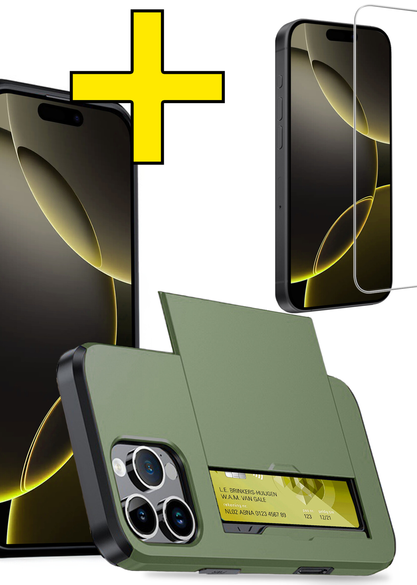 LUQ Hoesje Geschikt voor iPhone 16 Pro Max Hoesje Case Pashouder Hard Cover Met Screenprotector - Hoes Geschikt voor iPhone 16 Pro Max Hoesje Met Kaarthouder - Donkergroen