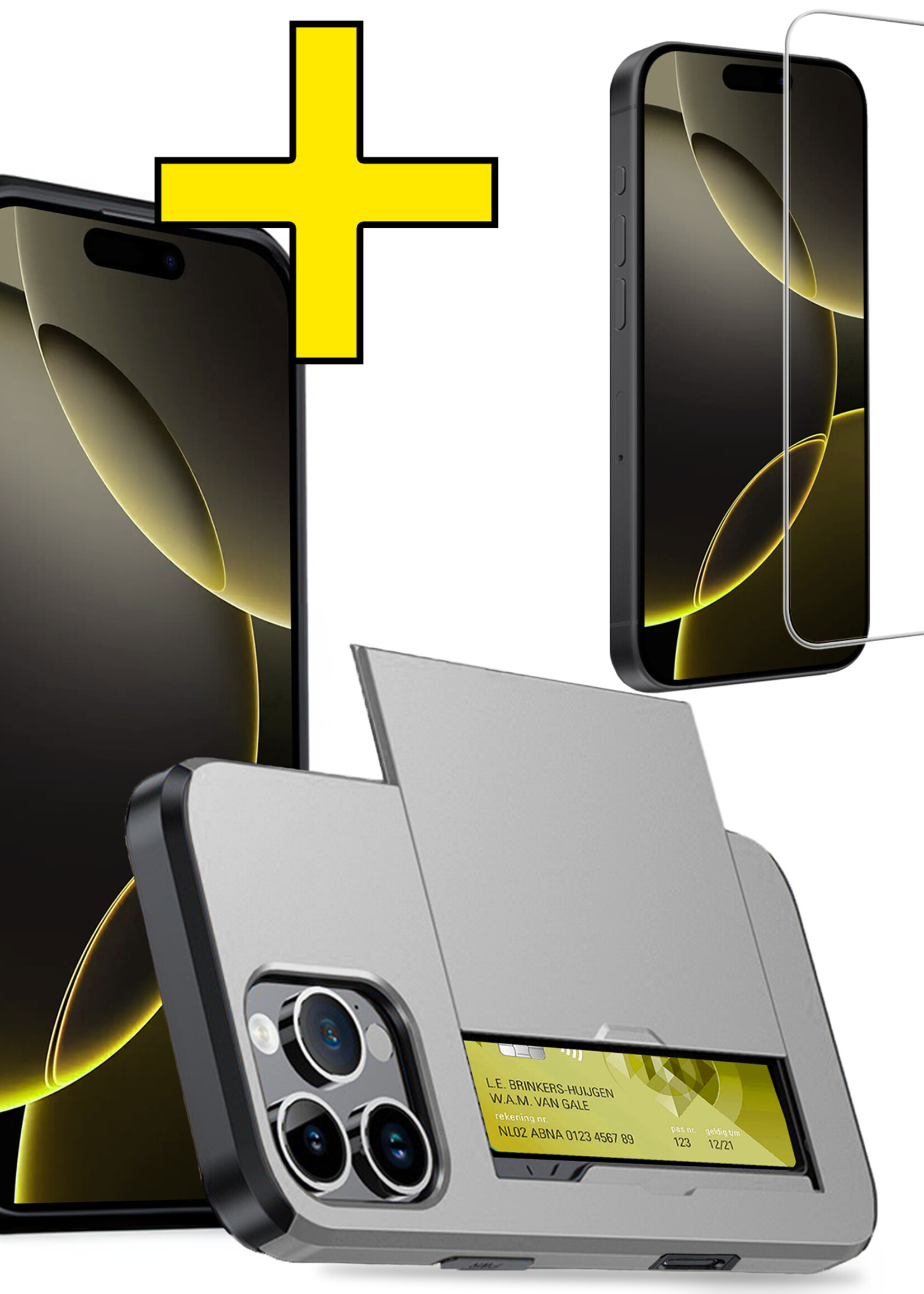 LUQ Hoesje Geschikt voor iPhone 16 Pro Max Hoesje Case Pashouder Hard Cover Met Screenprotector - Hoes Geschikt voor iPhone 16 Pro Max Hoesje Met Kaarthouder - Grijs