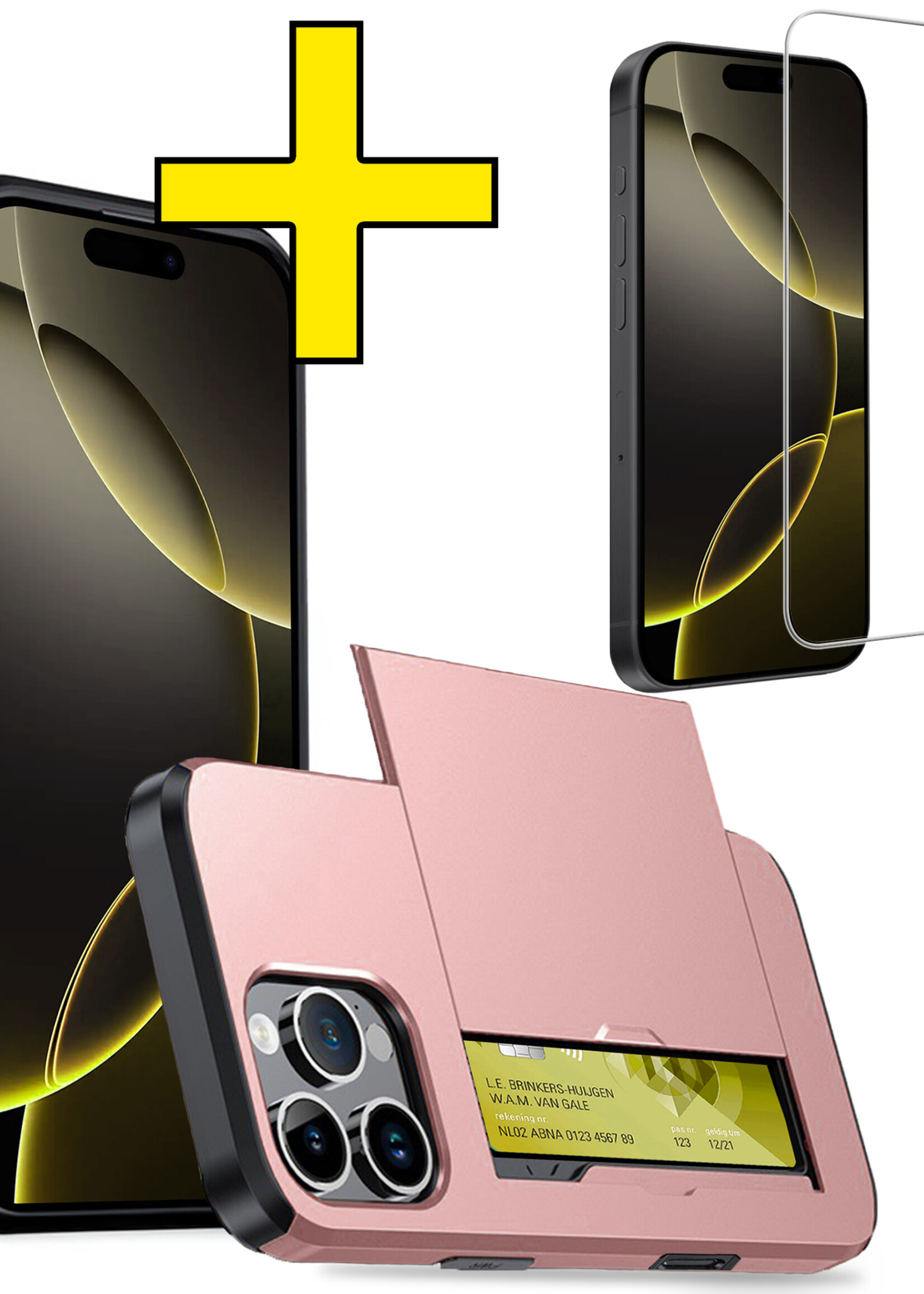 LUQ Hoesje Geschikt voor iPhone 16 Pro Max Hoesje Case Pashouder Hard Cover Met Screenprotector - Hoes Geschikt voor iPhone 16 Pro Max Hoesje Met Kaarthouder - Rosé goud