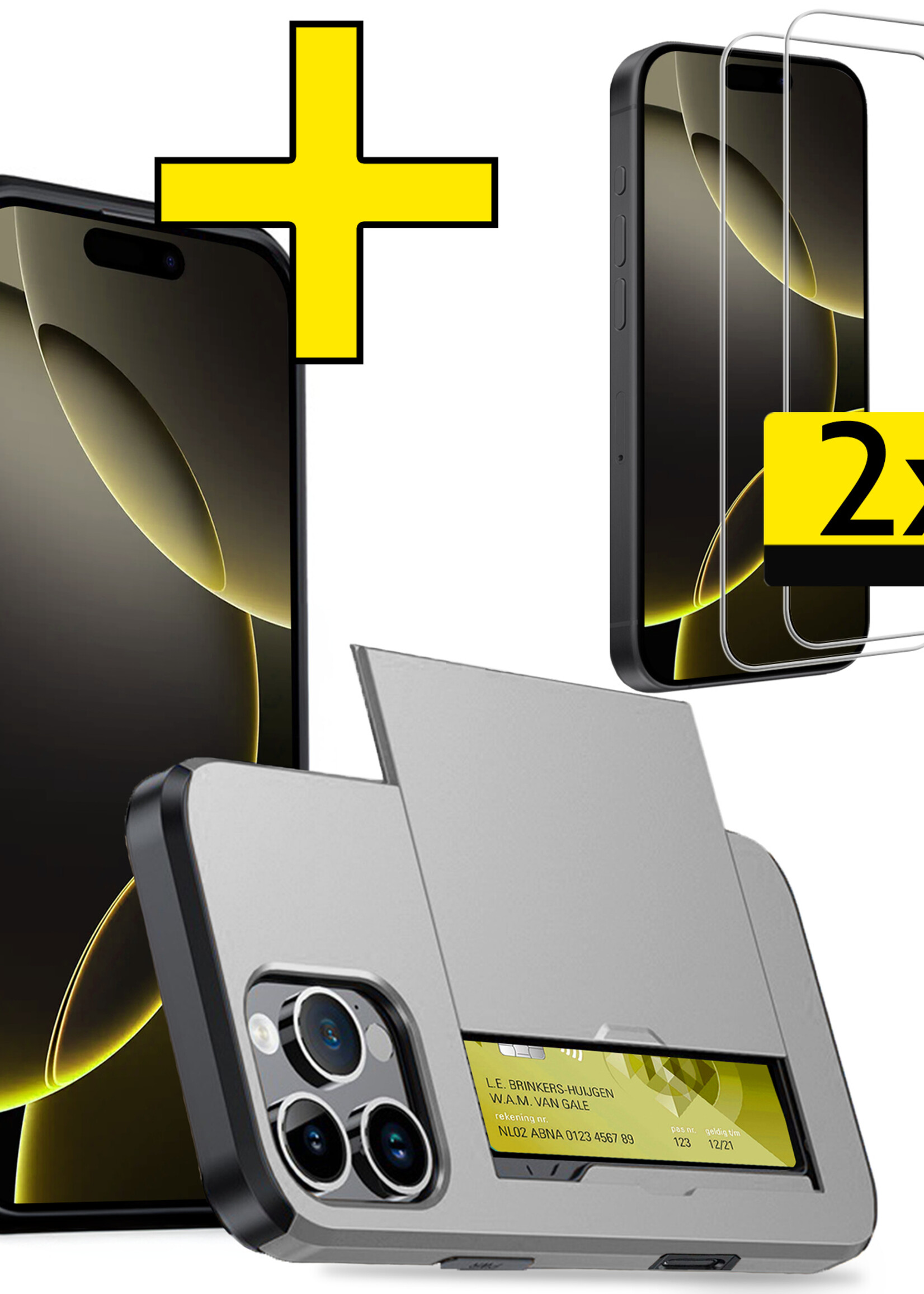 LUQ Hoesje Geschikt voor iPhone 16 Pro Max Hoesje Case Pashouder Hard Cover Met 2x Screenprotector - Hoes Geschikt voor iPhone 16 Pro Max Hoesje Met Kaarthouder - Grijs