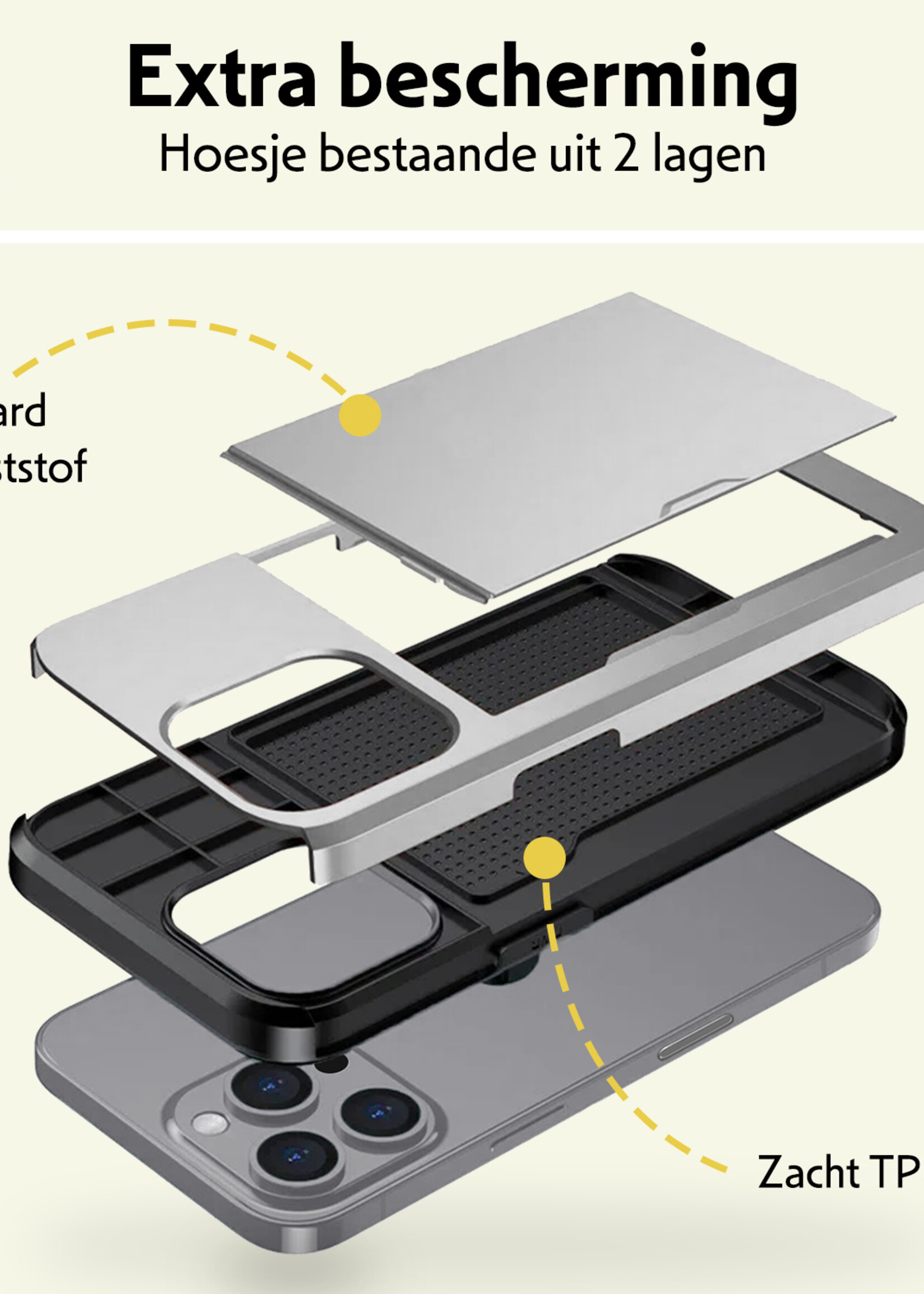 LUQ Hoesje Geschikt voor iPhone 16 Pro Max Hoesje Case Pashouder Hard Cover Met 2x Screenprotector - Hoes Geschikt voor iPhone 16 Pro Max Hoesje Met Kaarthouder - Grijs