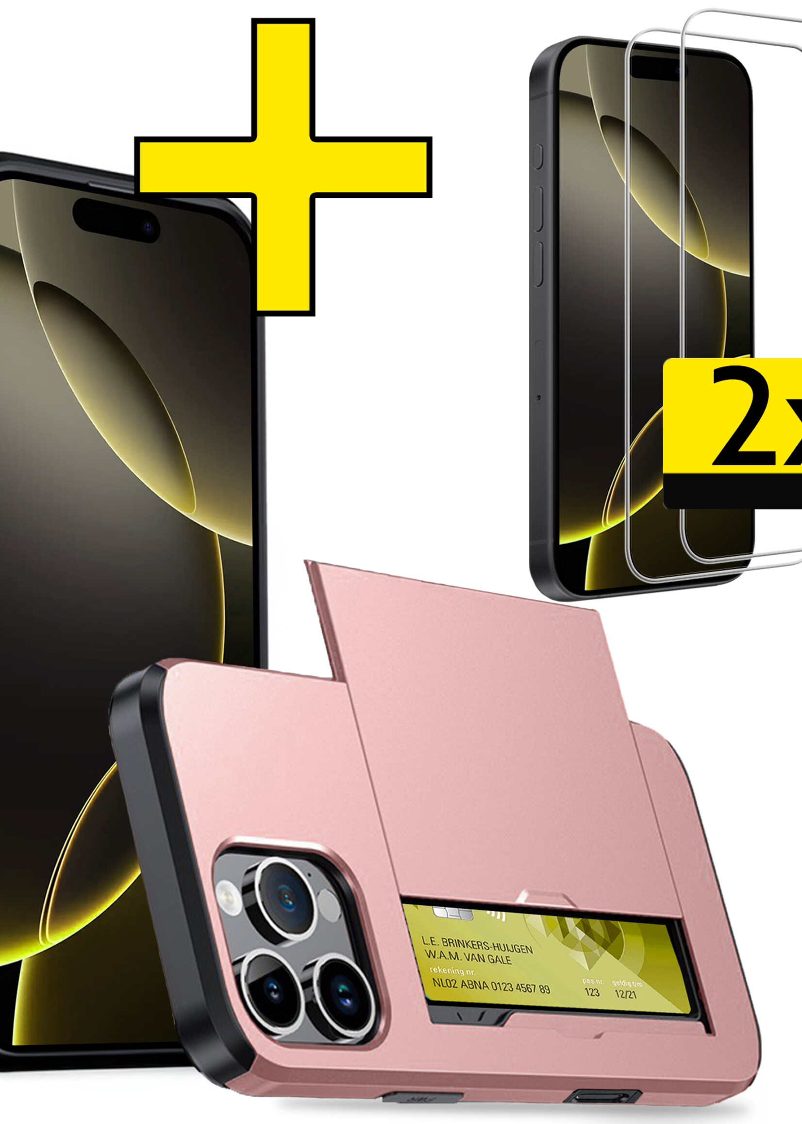LUQ Hoesje Geschikt voor iPhone 16 Pro Max Hoesje Case Pashouder Hard Cover Met 2x Screenprotector - Hoes Geschikt voor iPhone 16 Pro Max Hoesje Met Kaarthouder - Rosé goud