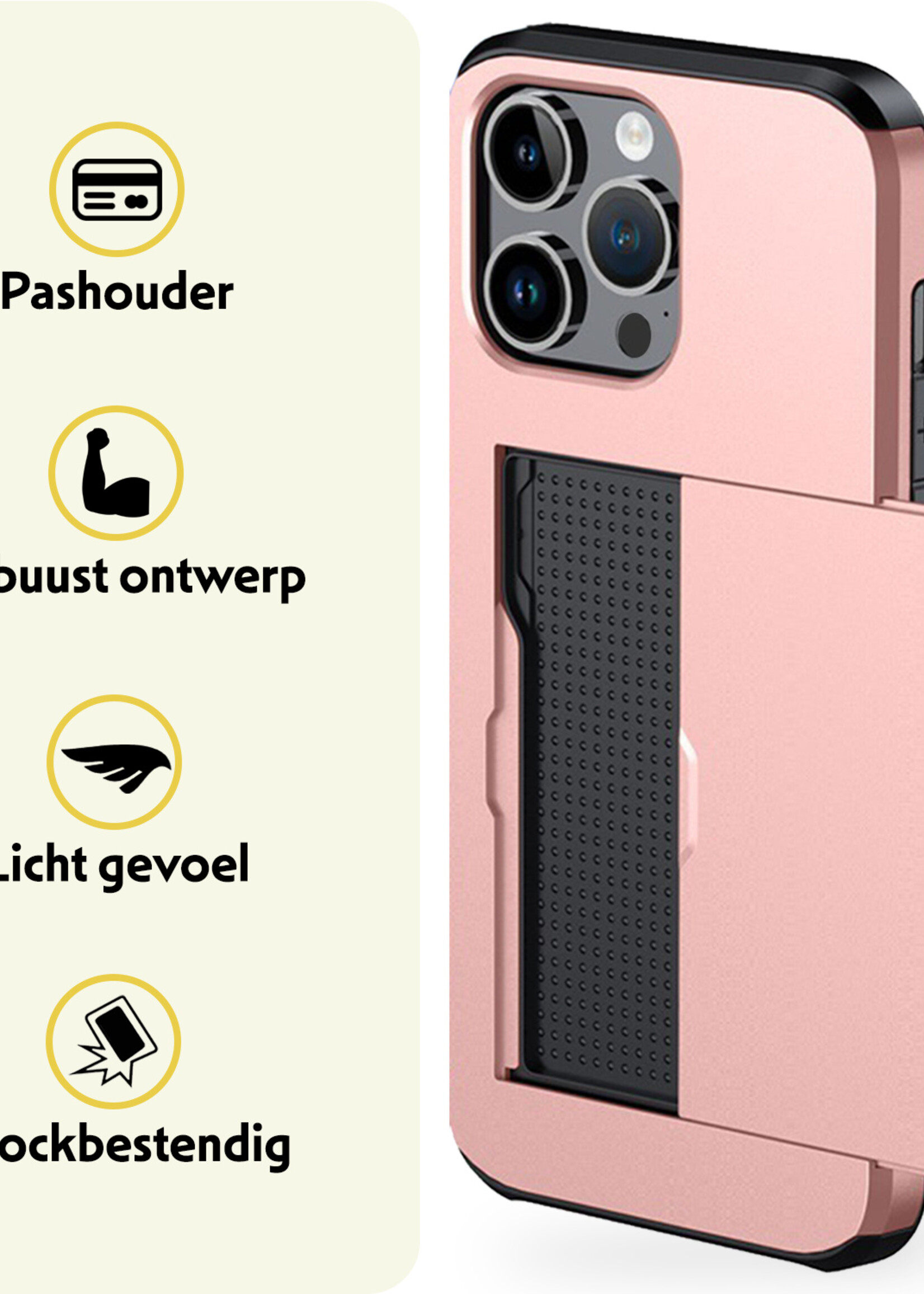 LUQ Hoesje Geschikt voor iPhone 16 Pro Max Hoesje Case Pashouder Hard Cover Met 2x Screenprotector - Hoes Geschikt voor iPhone 16 Pro Max Hoesje Met Kaarthouder - Rosé goud