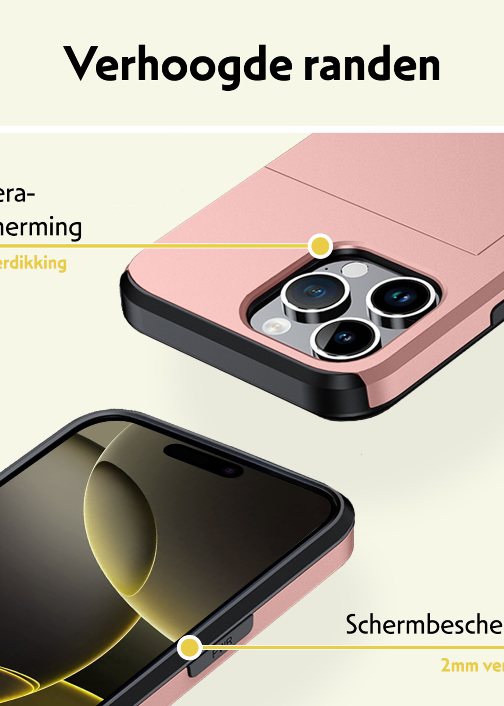 LUQ Hoesje Geschikt voor iPhone 16 Pro Max Hoesje Case Pashouder Hard Cover Met 2x Screenprotector - Hoes Geschikt voor iPhone 16 Pro Max Hoesje Met Kaarthouder - Rosé goud