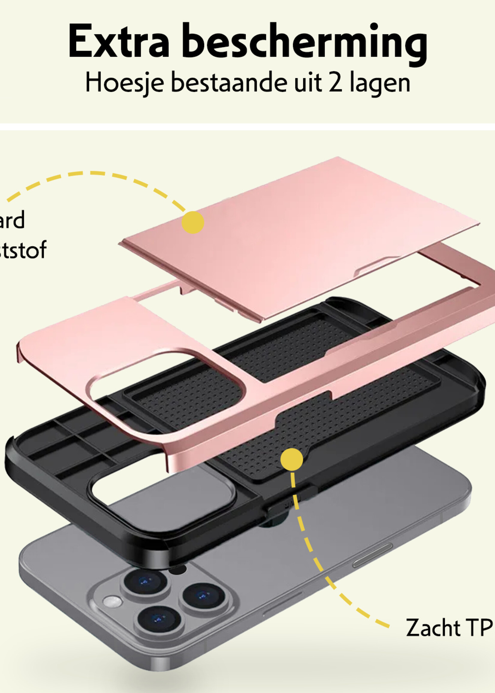 LUQ Hoesje Geschikt voor iPhone 16 Pro Max Hoesje Case Pashouder Hard Cover Met 2x Screenprotector - Hoes Geschikt voor iPhone 16 Pro Max Hoesje Met Kaarthouder - Rosé goud