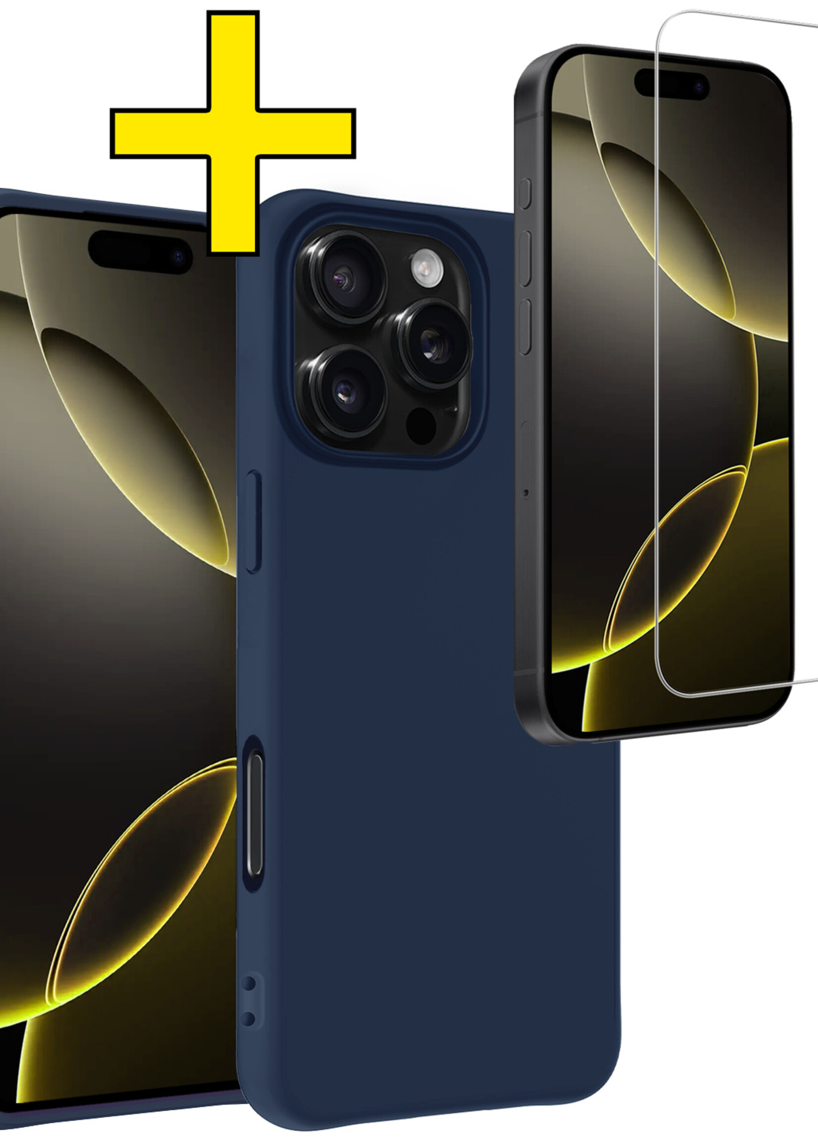 LUQ Hoesje Geschikt voor iPhone 16 Pro Hoesje Siliconen Case Met Screenprotector - Hoes Geschikt voor iPhone 16 Pro Hoes Siliconen - Donkerblauw