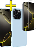 LUQ LUQ iPhone 16 Pro Hoesje Siliconen Met Screenprotector Met Dichte Notch - Lichtblauw