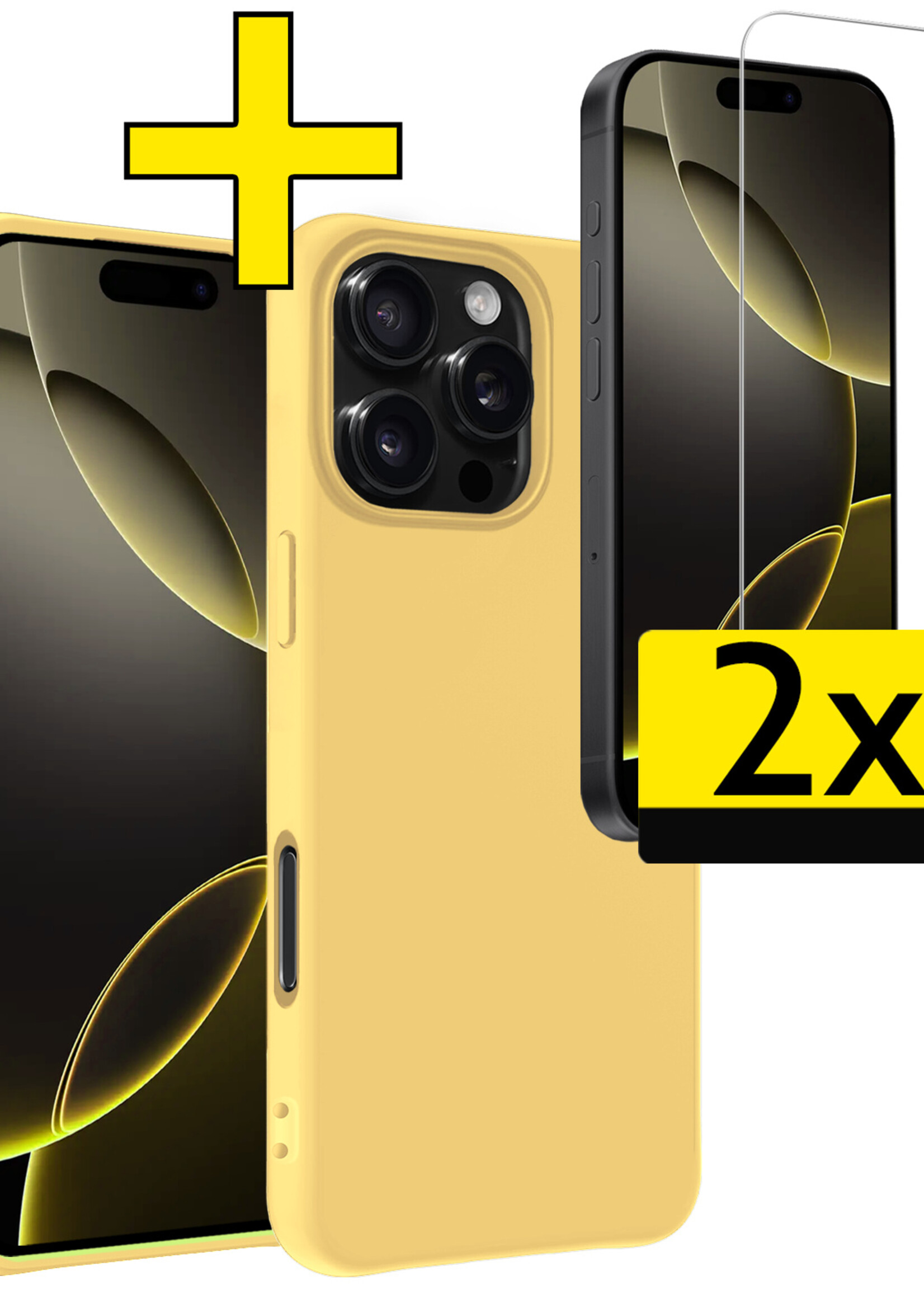 LUQ Hoesje Geschikt voor iPhone 16 Pro Hoesje Siliconen Case Met 2x Screenprotector - Hoes Geschikt voor iPhone 16 Pro Hoes Siliconen - Geel
