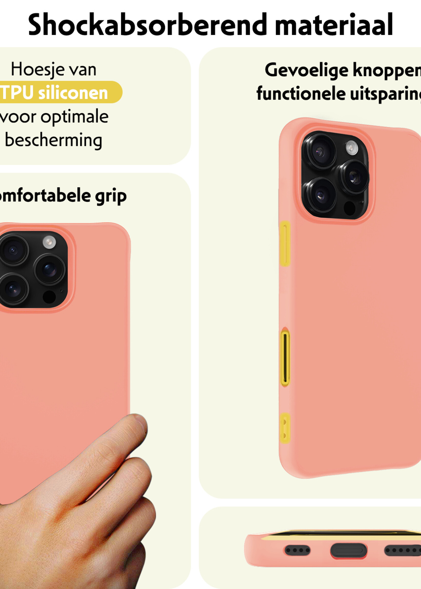 LUQ Hoesje Geschikt voor iPhone 16 Pro Hoesje Siliconen Case Met 2x Screenprotector - Hoes Geschikt voor iPhone 16 Pro Hoes Siliconen - Perzik