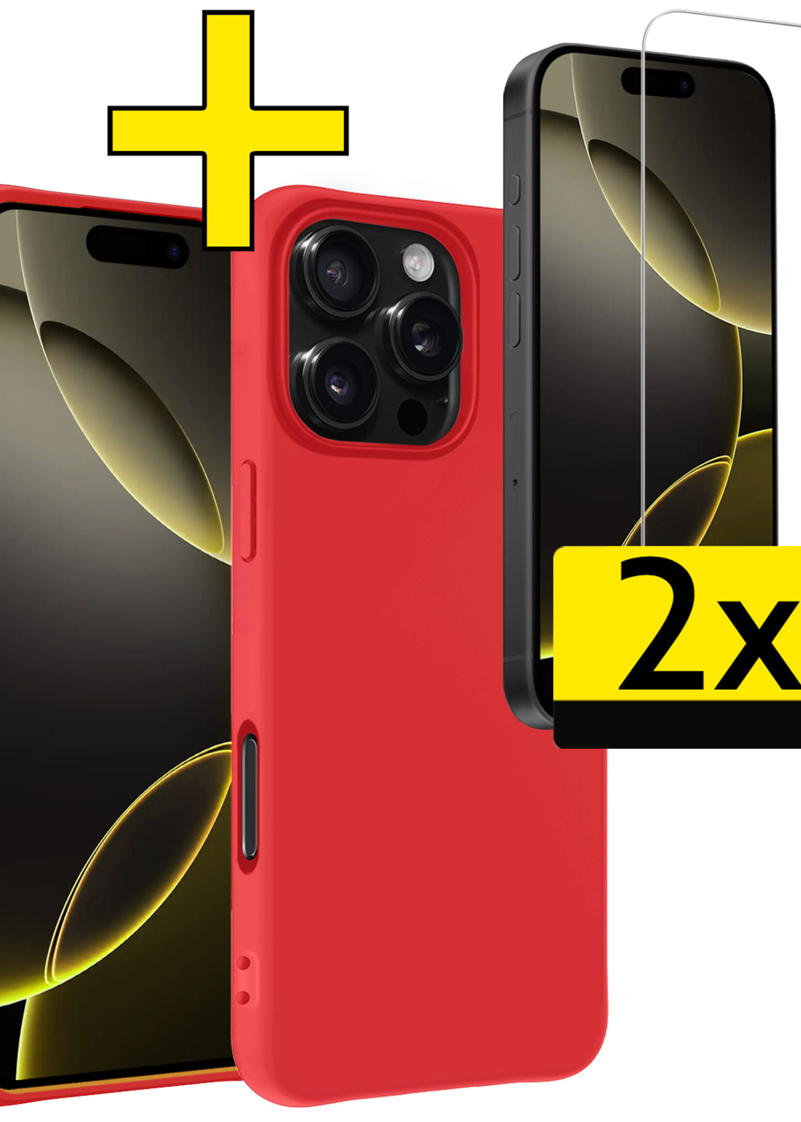 LUQ Hoesje Geschikt voor iPhone 16 Pro Hoesje Siliconen Case Met 2x Screenprotector - Hoes Geschikt voor iPhone 16 Pro Hoes Siliconen - Rood
