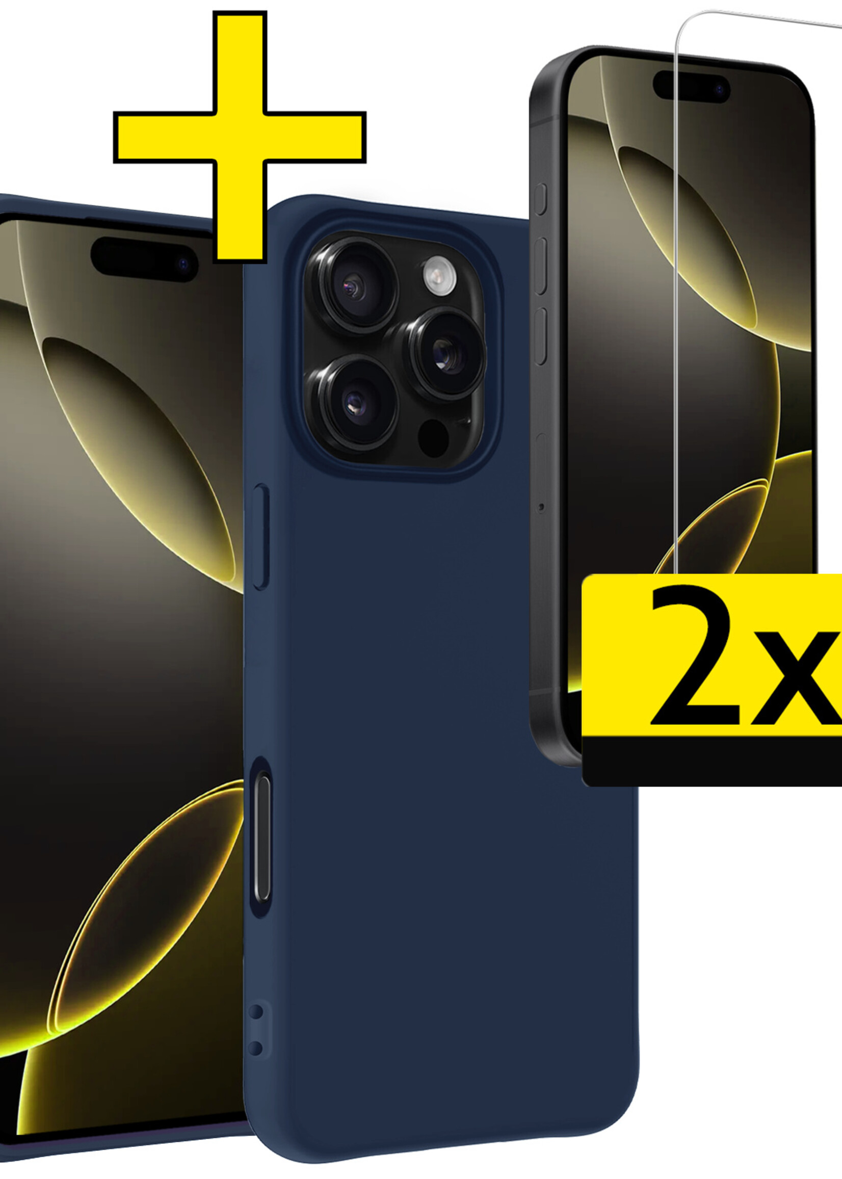 LUQ Hoesje Geschikt voor iPhone 16 Pro Max Hoesje Siliconen Case Met 2x Screenprotector - Hoes Geschikt voor iPhone 16 Pro Max Hoes Siliconen - Donkerblauw