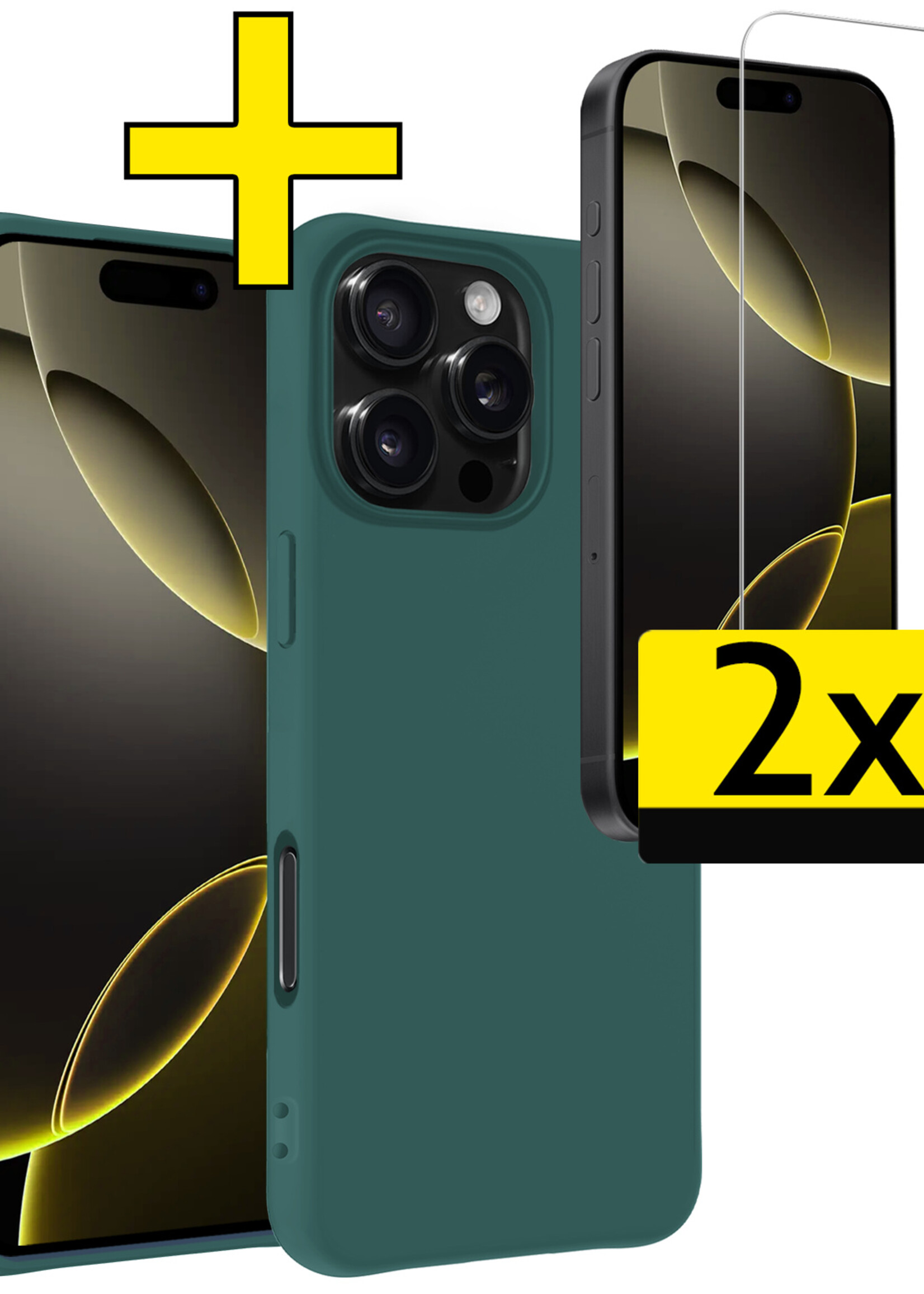 LUQ Hoesje Geschikt voor iPhone 16 Pro Max Hoesje Siliconen Case Met 2x Screenprotector - Hoes Geschikt voor iPhone 16 Pro Max Hoes Siliconen - Donkergroen