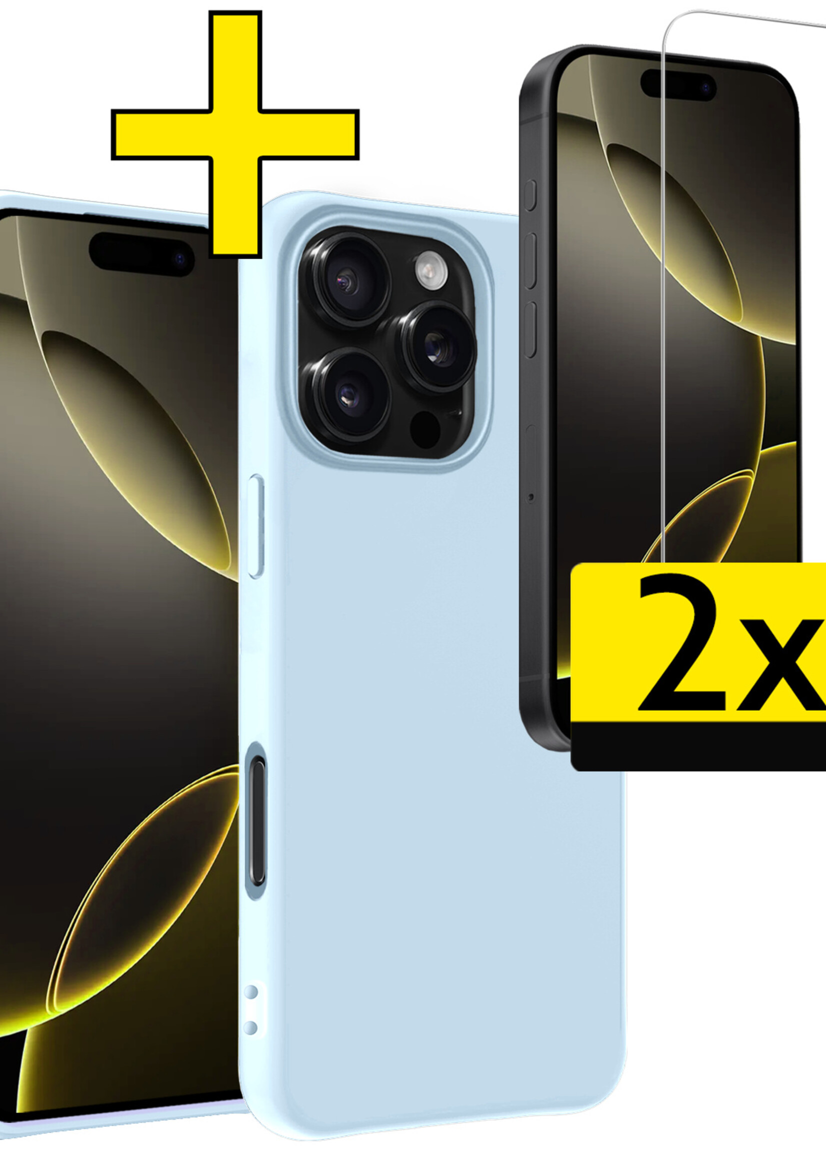 LUQ Hoesje Geschikt voor iPhone 16 Pro Max Hoesje Siliconen Case Met 2x Screenprotector - Hoes Geschikt voor iPhone 16 Pro Max Hoes Siliconen - Lichtblauw