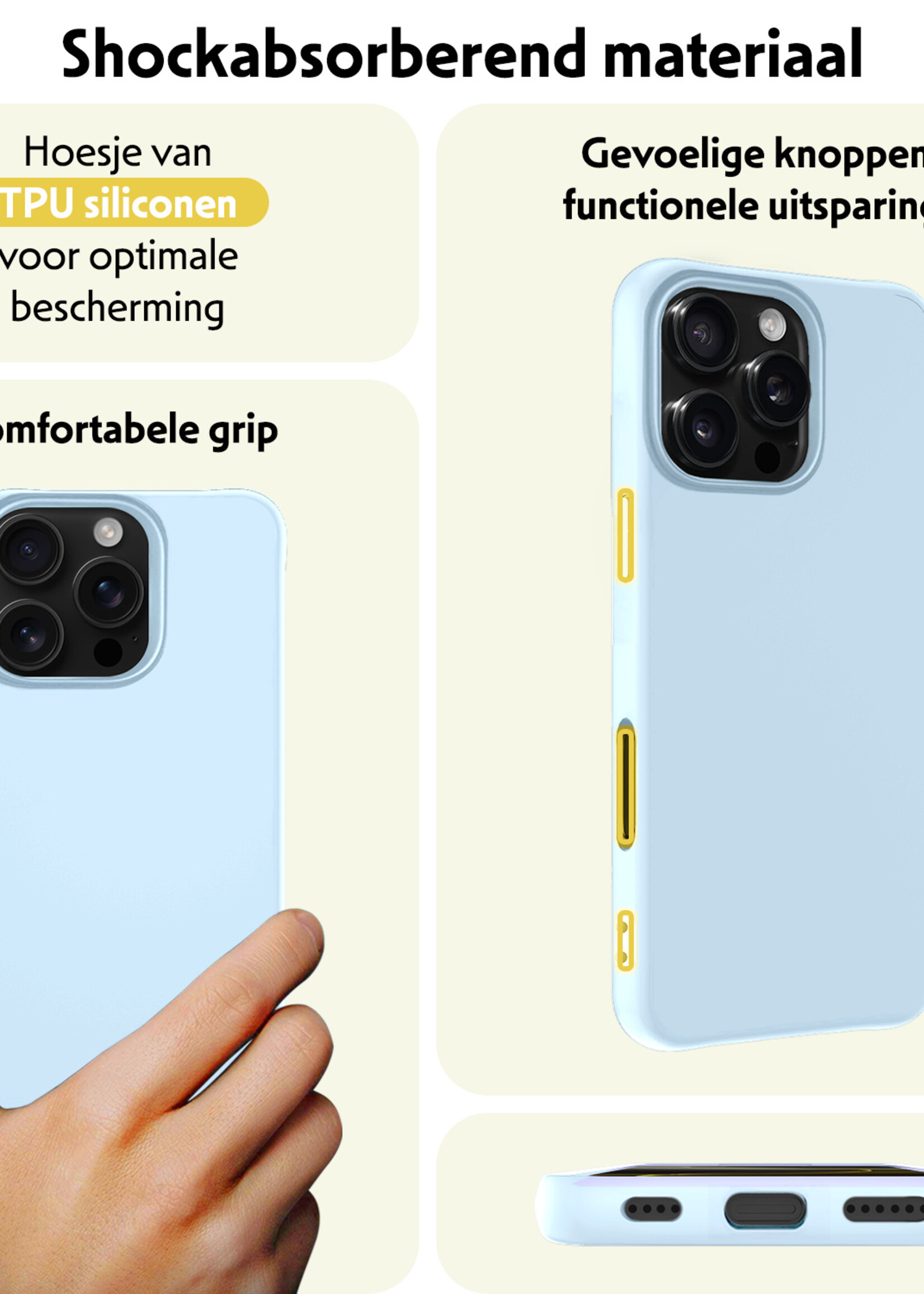 LUQ Hoesje Geschikt voor iPhone 16 Pro Max Hoesje Siliconen Case Met 2x Screenprotector - Hoes Geschikt voor iPhone 16 Pro Max Hoes Siliconen - Lichtblauw