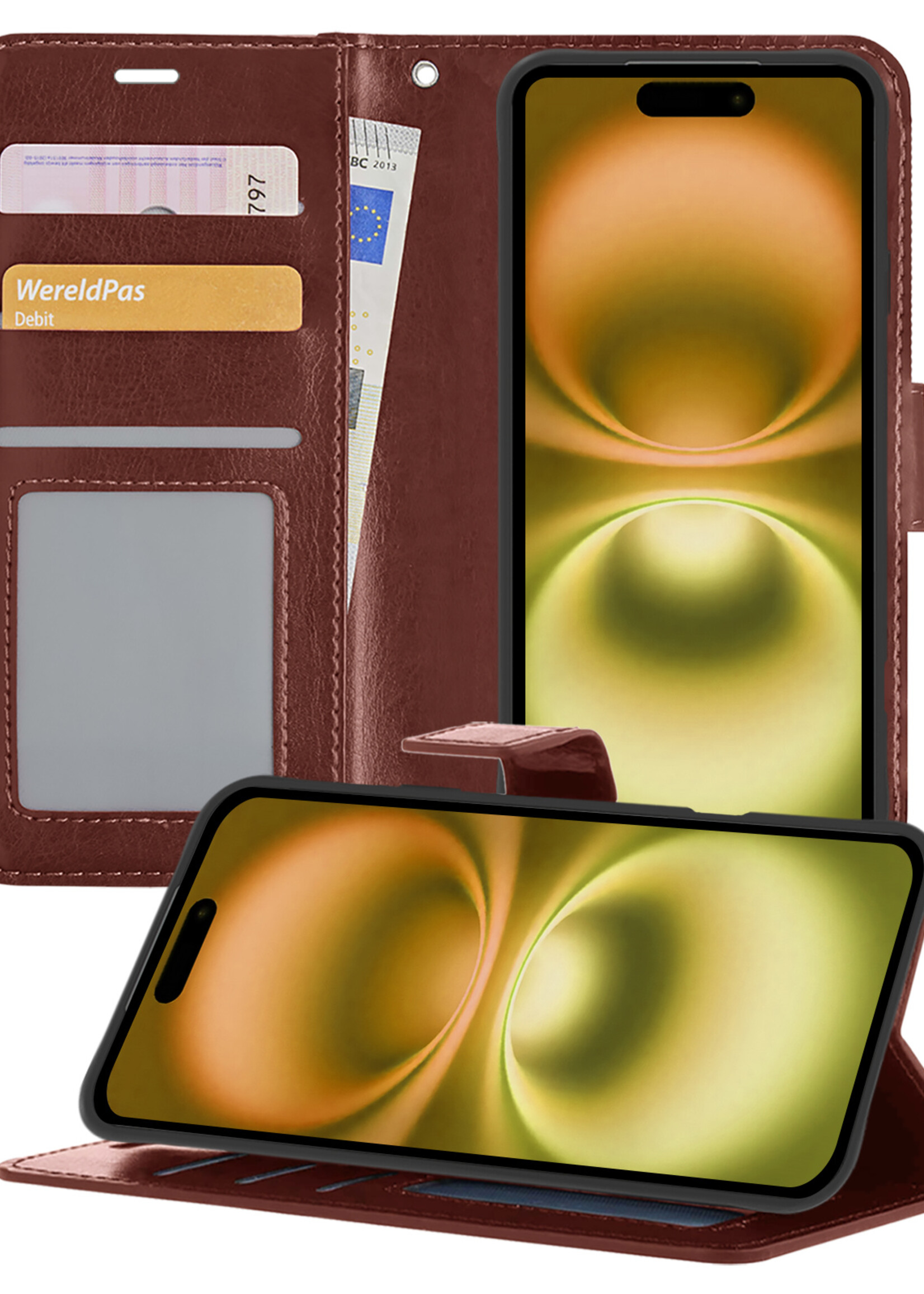 LUQ Hoesje Geschikt voor iPhone 16 Hoesje Book Case Hoes Wallet Cover - Hoes Geschikt voor iPhone 16 Hoesje Bookcase Hoes - Bruin